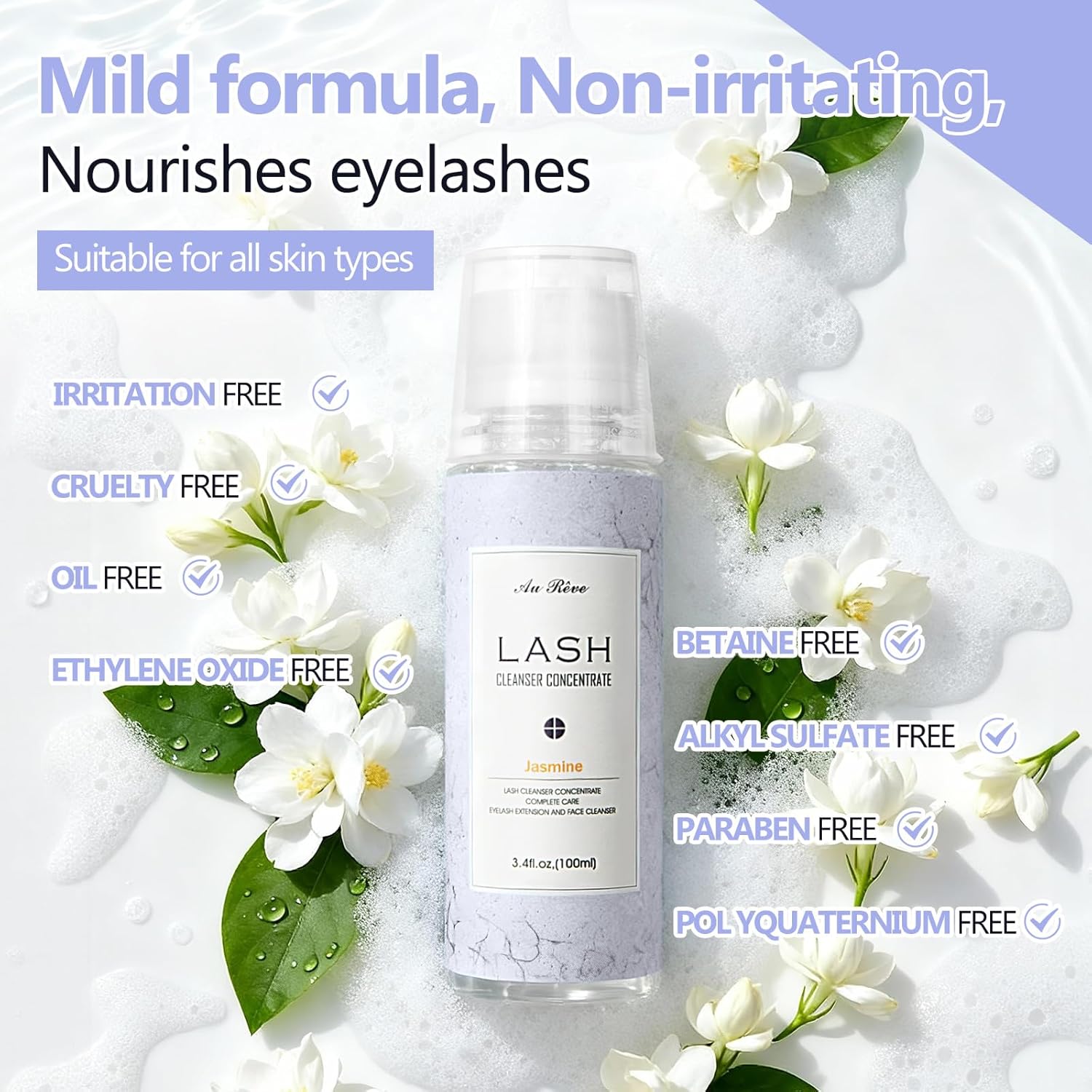 Lash Shampoo Concentrate 100ml Eyelash Extension Cleanser Oil-Free Eyelash Extension Shampoo with Salon Home Care -Makes 20 Bottles 60ml Lash Cleaner,Jasmine
