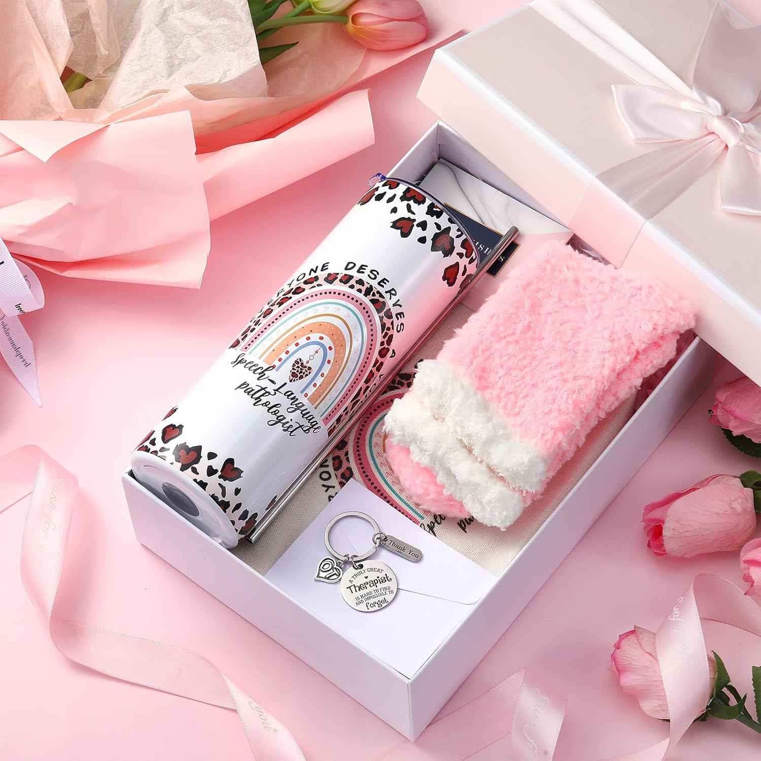 Geiserailie 8 Pcs Speech Language Pathologist Gifts for Women Including Large Speech Therapy Tote Bag Cosmetic Bags Tumbler Cup Plush Socks Keychain Card and Envelope for Slp Thank You Gifts - Image 3