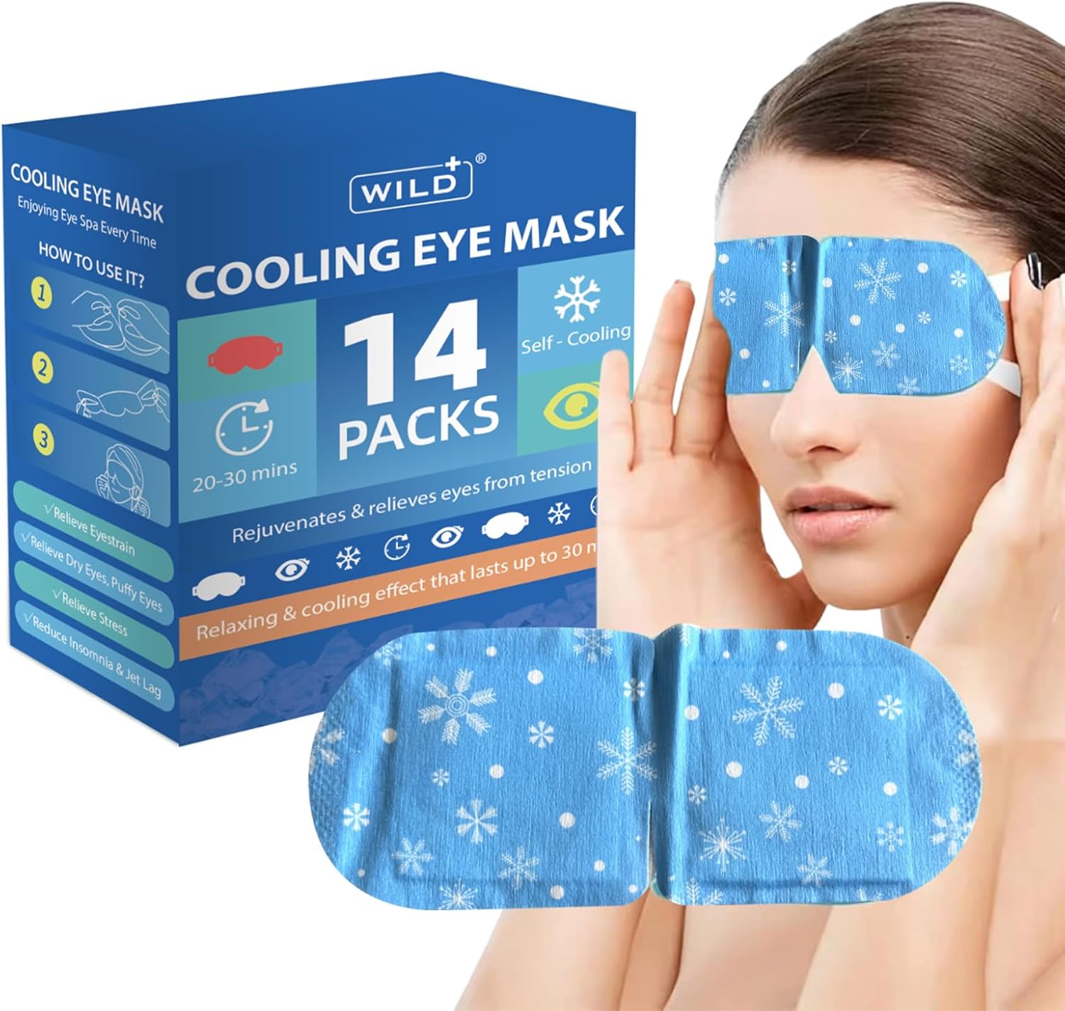 WILD+ Koelend oogmasker, 14 stuks oogijspakket voor droge ogen, gezwollen ogen, snel kalmerende verlichting van oogvermoeidheid, jeukende ogen, donkere kringen, wegwerp-geloogmasker voor oogkompres