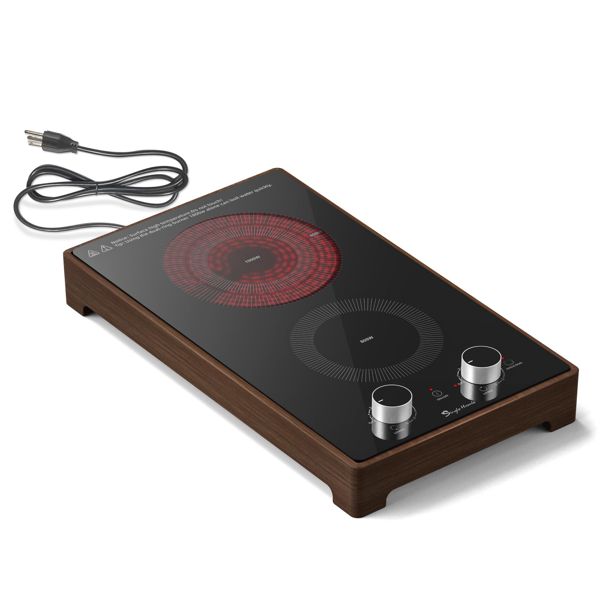 2 Burner Electric Cooktop 110v, Plug in Stove Top Burner, Countertop &amp; Built-in Electric Burner with Knob Control, Wooden Frame, 9 Power Levels, 1800W