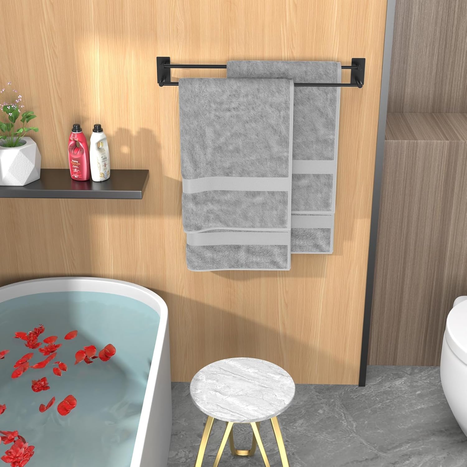 Handtuchhalter Verstellbar 40-75CM Ohne Bohren Doppelt Handtuchstange Selbstklebend Wandmontage 304 Edelstahl Badetuchhalter für Badezimmer, Schlafzimmer und Küche - Schwarz
