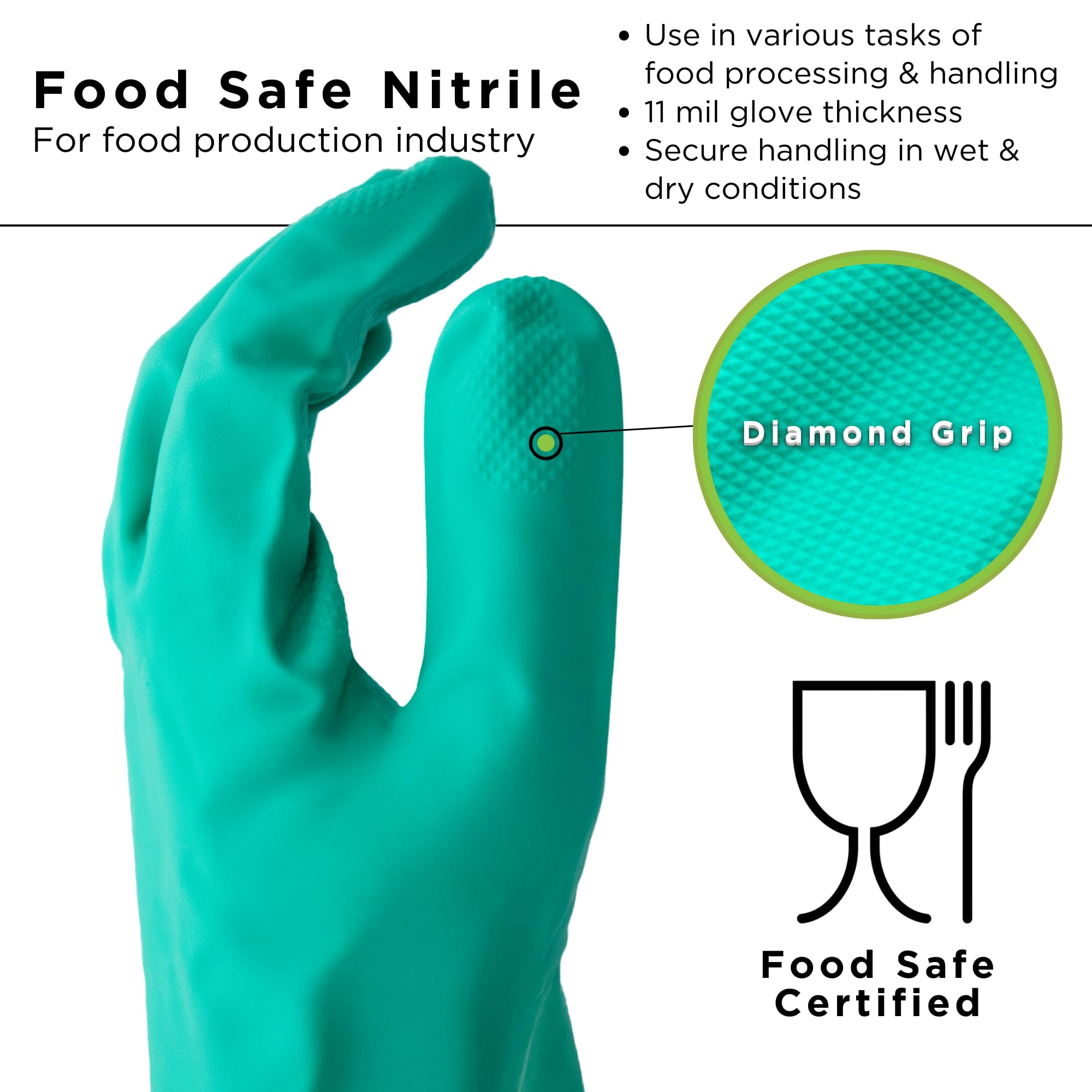 SHOWA 719 Guantes de seguridad de nitrilo sin forro, resistentes a los químicos, con palma de diamante elevada, 11 mil de grosor, 13 pulgadas de largo, verde, grande (12 pares)