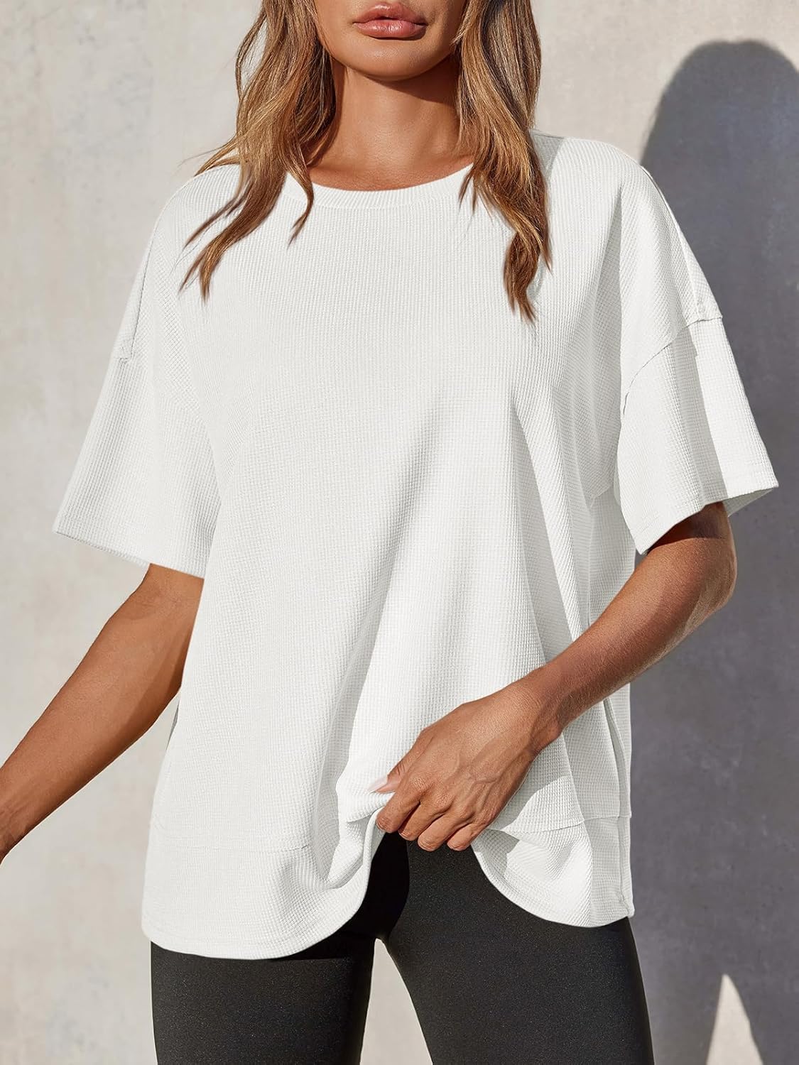 Tankaneo Womens Oversized Knit Tunic Tops Summer Casual Short Sleeve Round Neck T Shirt Loose Fit Side Split Waffle Tees - Image 3