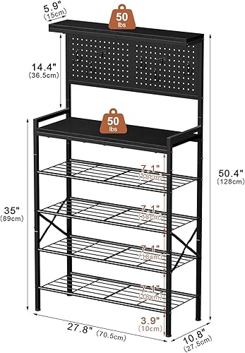 Miniatura 3 de Zapatero alto, almacenamiento de zapatos de madera de 6 niveles con panel de agujeros, 7 ganchos, para 16-20 pares, estante superior de madera,