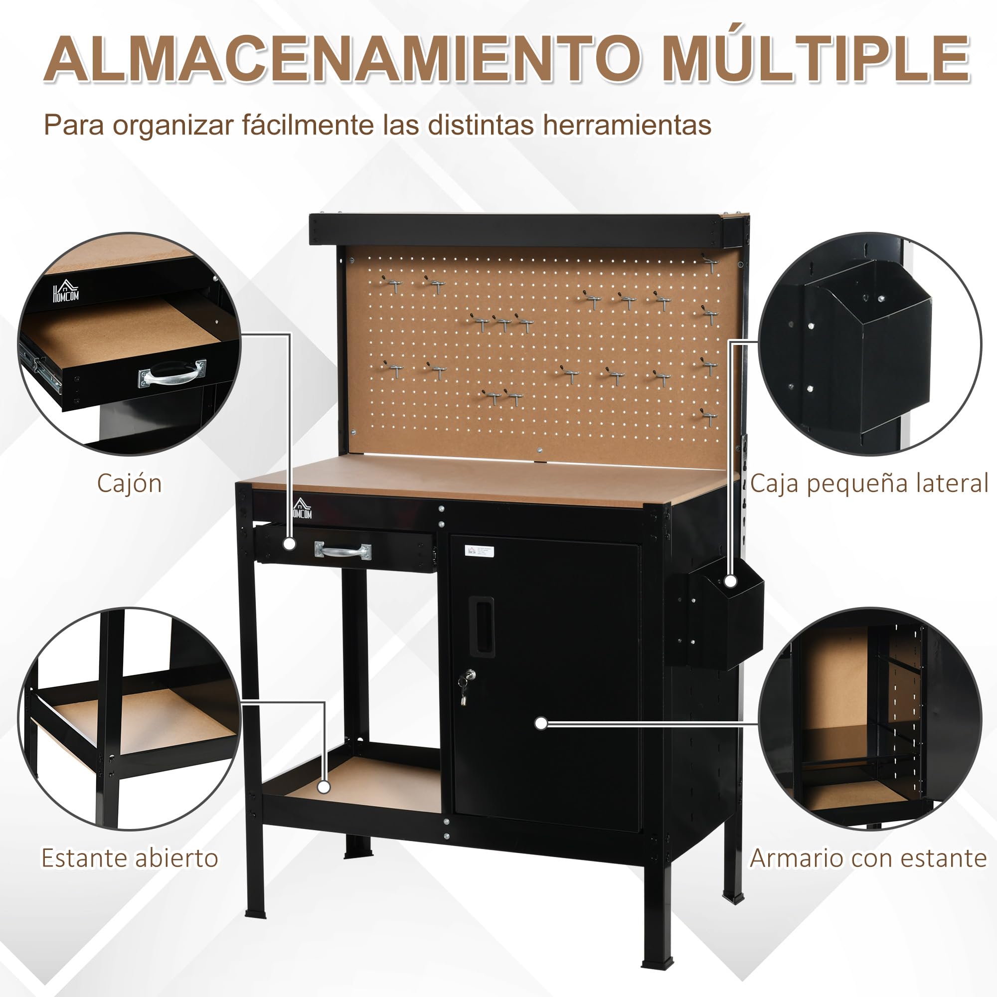 HOMCOM Banco de Trabajo 98,5x48x140 cm Carga 100 kg Mesa con Panel Perforado Negro