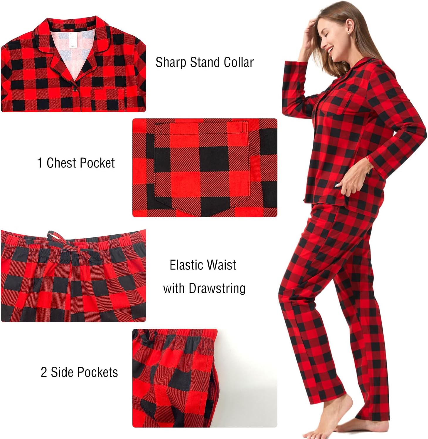 LANBAOSI Couples Matching Pajama Set Button Down Long Sleeve Lounge Shirts Pants Sleepwear Soft Plaid Pjs Set with Pockets - Image 4