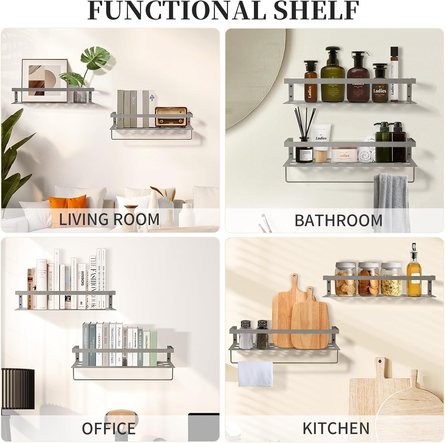 Uten Floating Shelves, Wall Mounted Iron Shelves Set of 2, Bathroom Storage Iron Shelves with Towel Rack, Wall Hanging Organizer Decor Shelf for Bathroom, Kitchen, Bedroom, Living Room