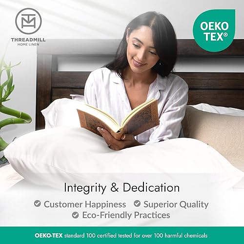 Miniatura 8 de Threadmill Sábanas de bambú de viscosa tamaño individual para cama de tamaño individual, juego de sábanas refrescantes de 3 piezas, color blanco