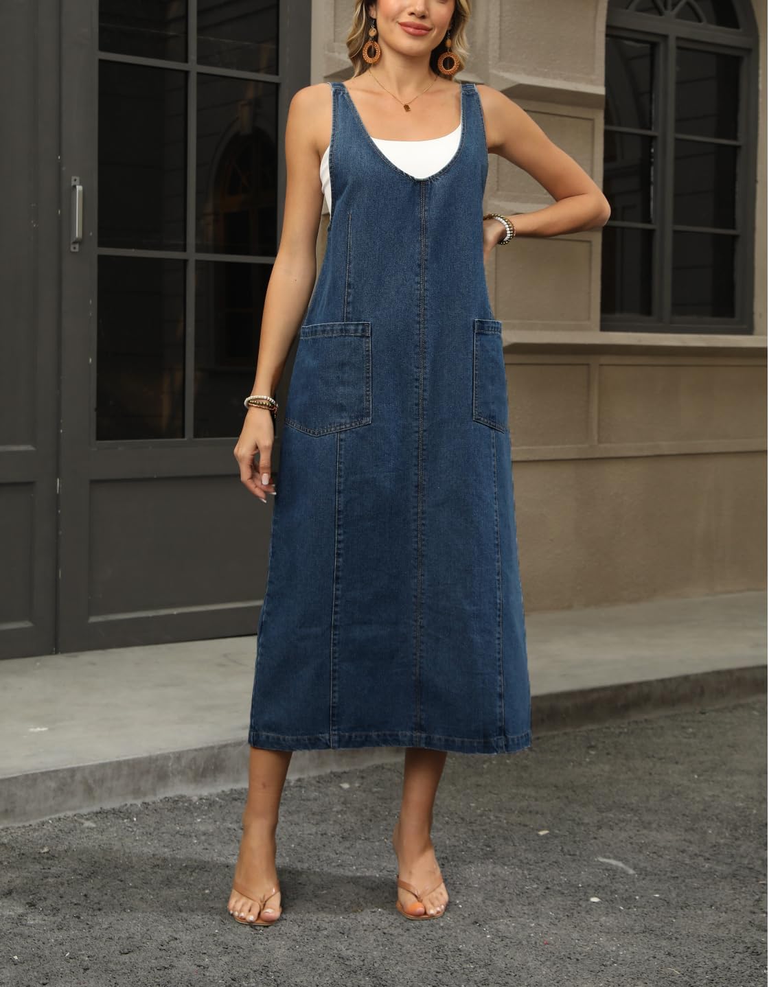 yoeasy Women's V Neck Sleeveless Denim Overall Dress Adjustable Strap Vintage Back Slit Midi Jean Dress with Pockets - Image 7