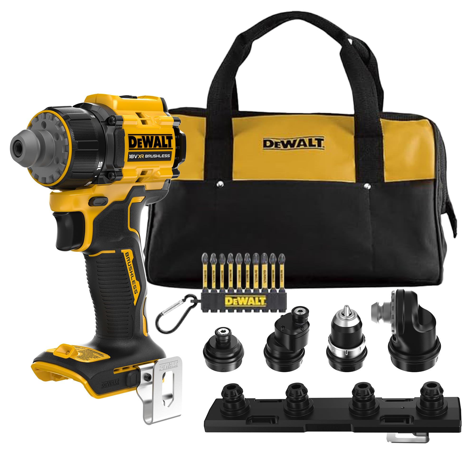 DEWALT Taladro atornillador 18V XR con 4cabezales intercambiables, bolsa de transporte blanda y juego de 10 llaves de atornillar FLEXTORQ de 57 mm (PH y PZ) con llavero, solo herramienta, DCD803KN-XJ
