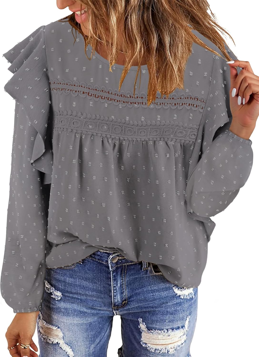 BETTE BOUTIK Womens Boho Fall Long Sleeve Shirts Crewneck Dressy Casual Blouses Trendy Flowy Tops
