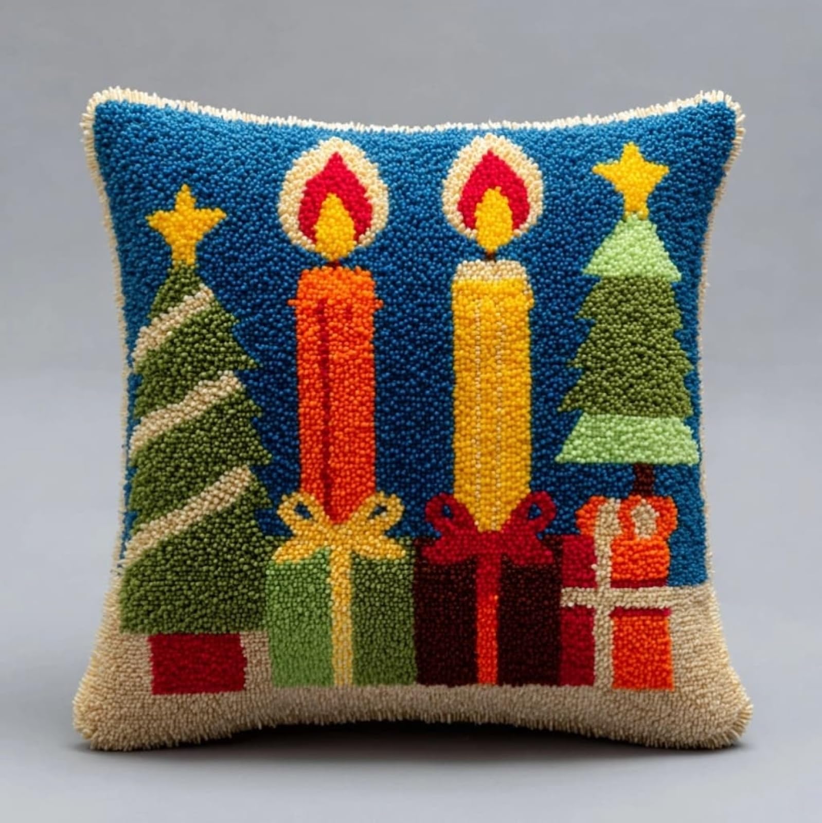AxiangziK Latch Hook Cushion Kits,Christmas Candles 17X17Inch Handmade Embroidery Kits,DIY Needlework Pillow Rug Making Kit,Decorative Throw Pillow Cover for Sofa Cushions