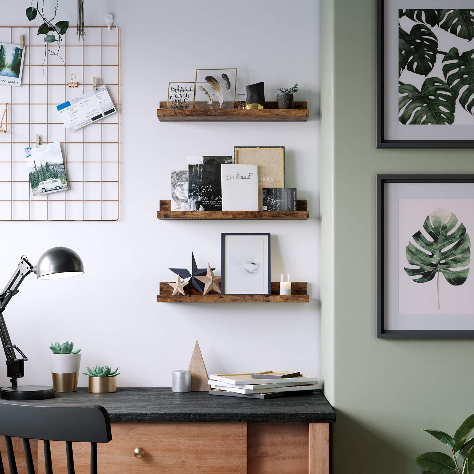 Image secondaire de VASAGLE Étagères murales suspendues, Lot de 3, Tablettes flottantes, Longueur 38 cm, avec Bords Hauts, pour Cadres Photos, décor