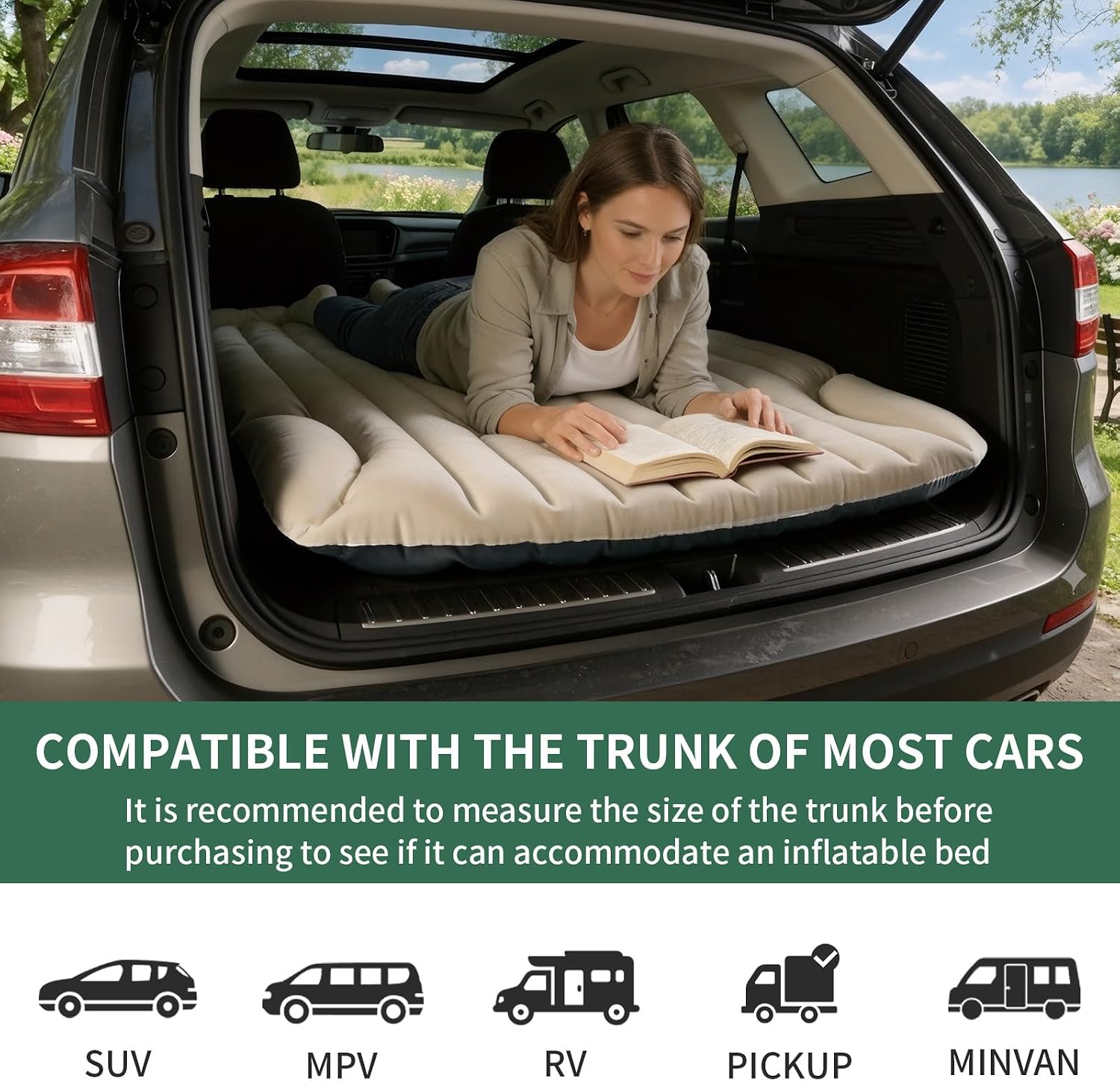 SUV Air Mattress with Air Pump, 2 Pillows, Flocking Inflatable Car Bed for SUV Trunk, Minivan, MPV, Tent, Camping, Travel, Home, Road Trip, Includes Complete Sleep Accessories