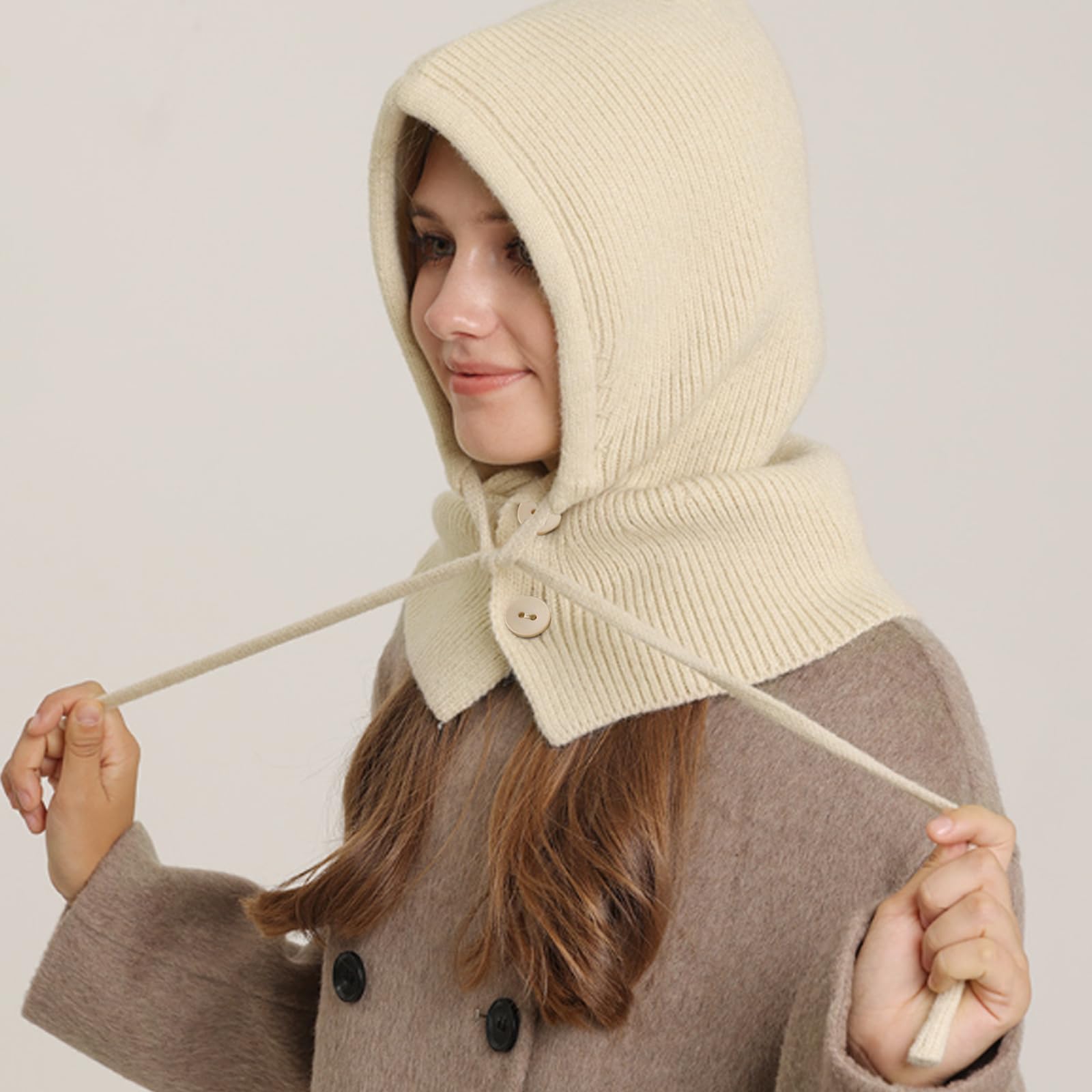 JSTHHTT Gorro de Punto Invierno Mujeres, Caliente Capucha Bufanda para Esquí Ciclismo, Mujeres Pasamontañas de Punto Beanie, para Al Aire Libre (Blanquecino)