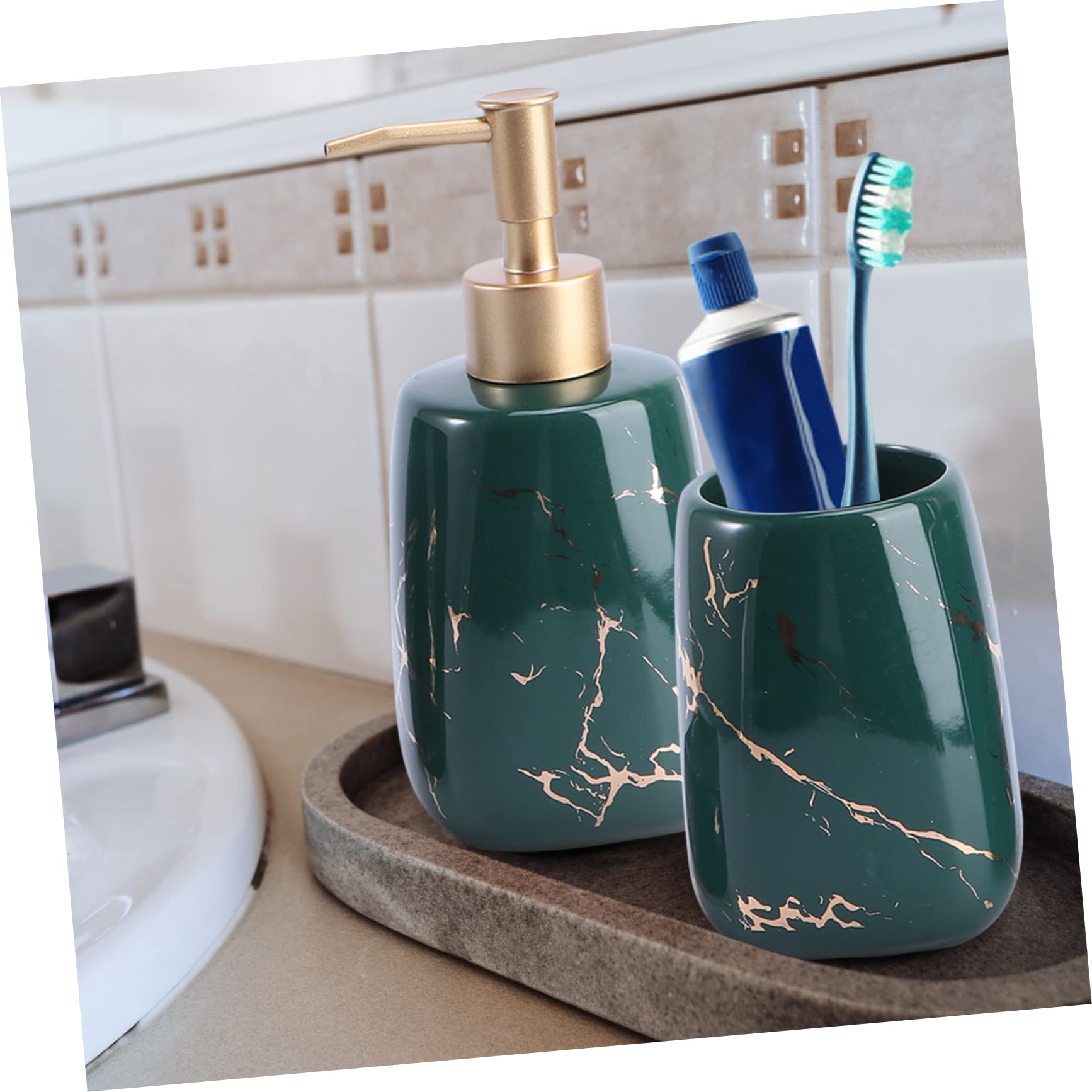 Holibanna Conjunto de Accesorios para Baño de Cerámica Verde de 3 Piezas Bandeja de Jabón y Portacepillos Fácil de Limpiar para Mantener el Baño Ordenado