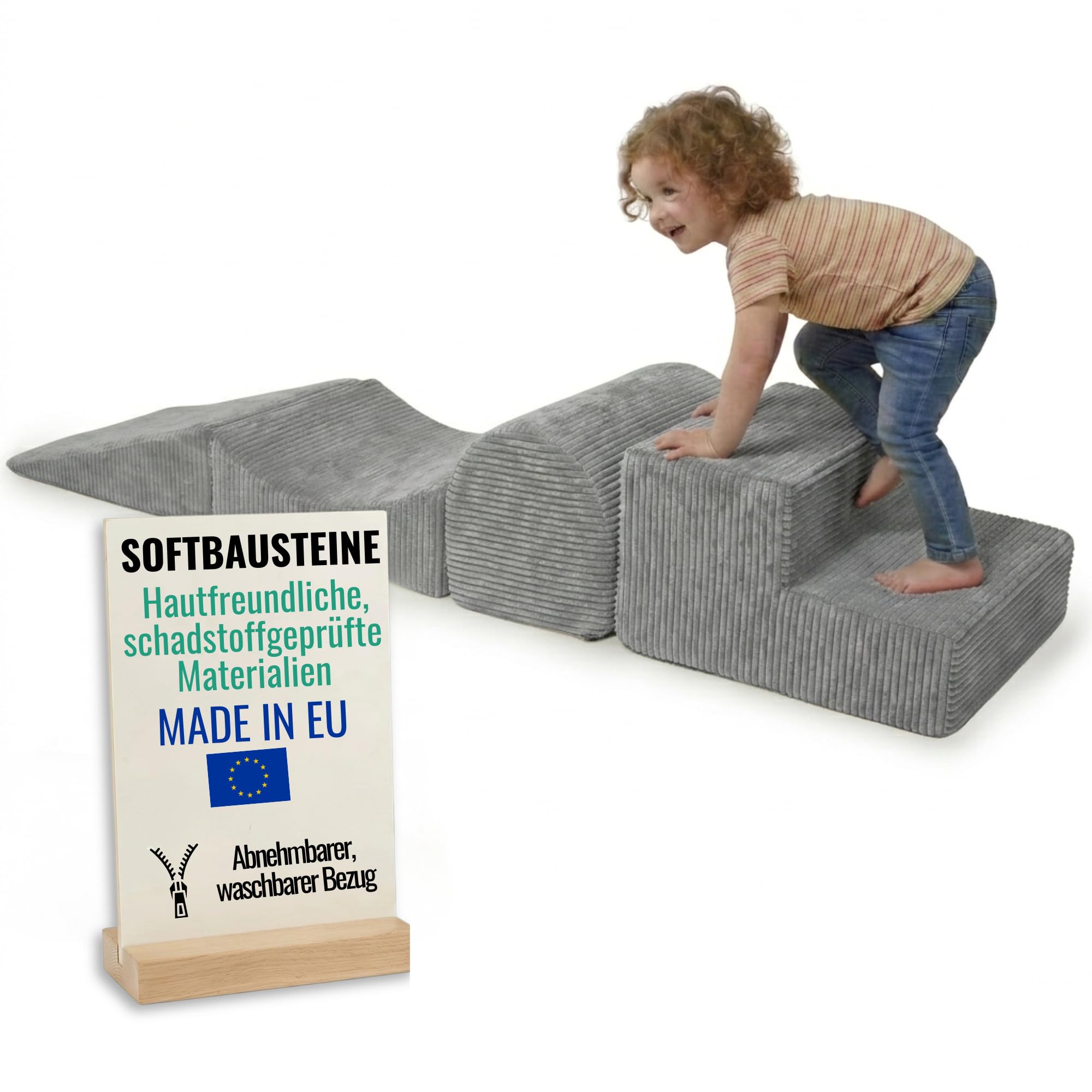 Schaumstoff Bausteine Kinder aus Cord | 4-teiliges Softbausteine Set zum Spielen & Klettern Baby | Schaumstoffbausteine XXL für Motorik & Bewegung | Dunkelgrau