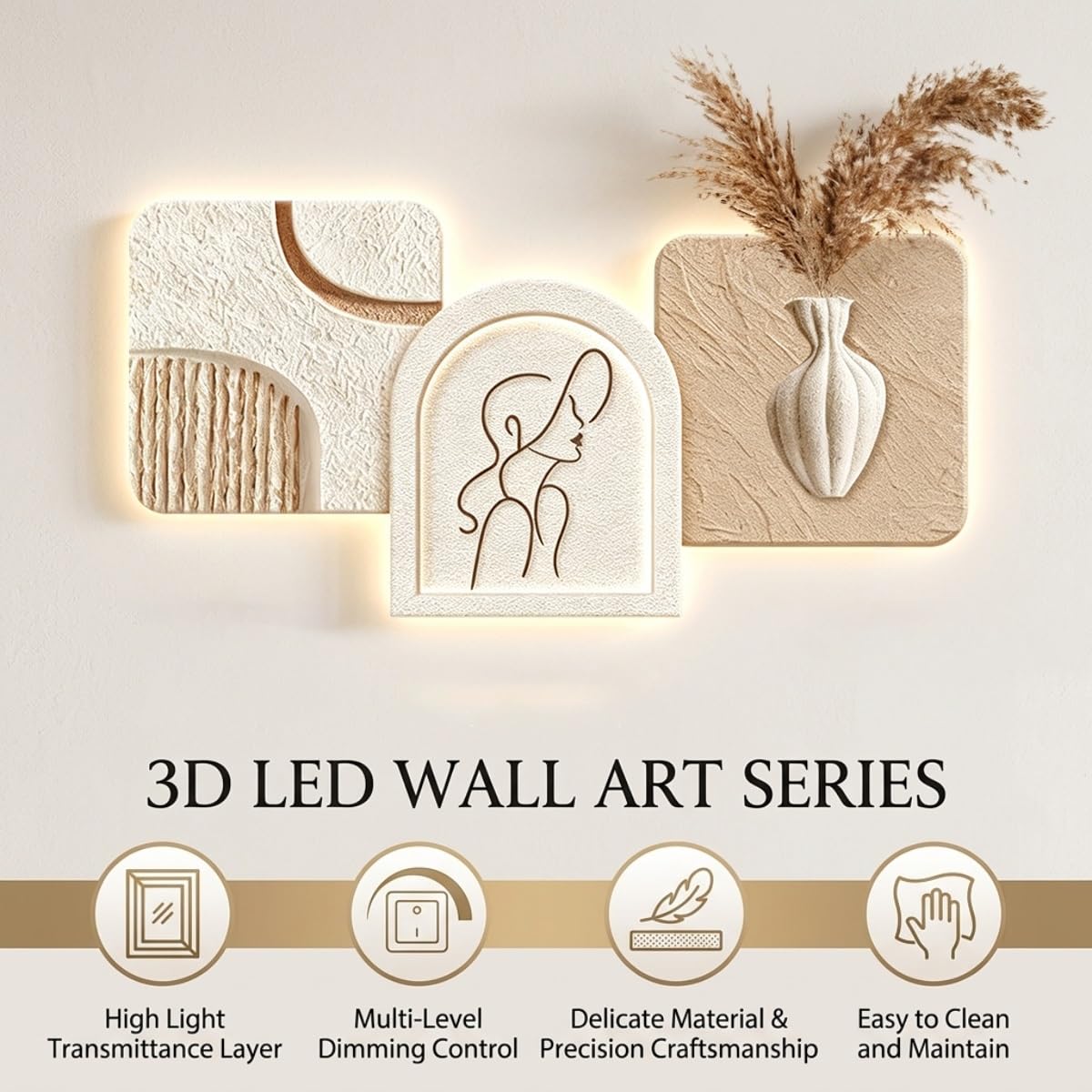 LED Wall Art with Vase, 3D Wabi-Sabi Style Wall Sculpture with Light, Modern Frameless Lighted Wall Decor for Living Room, Bedroom and Entryway(C,90 * 45cm/35.4 * 17.7in)