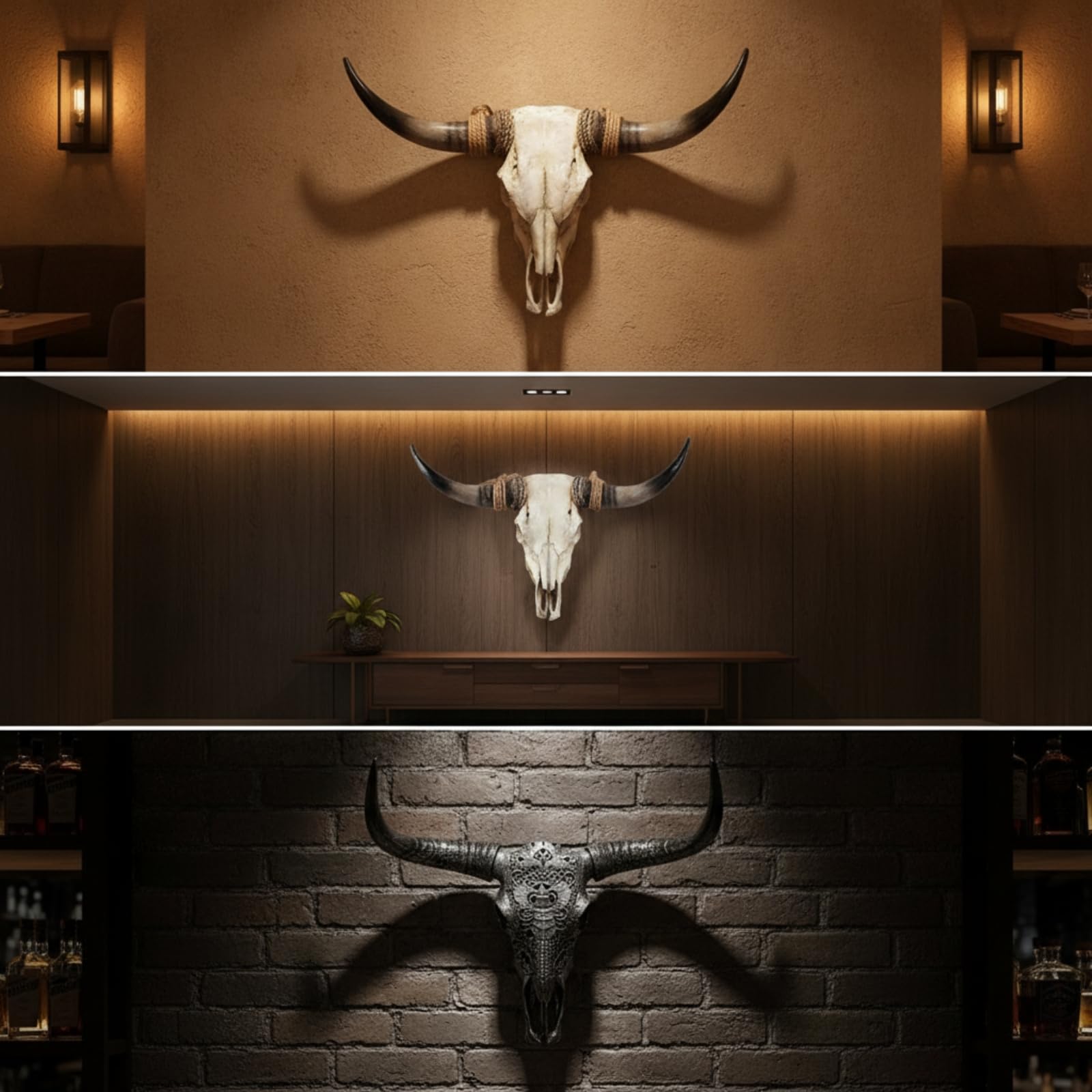 MagiDeal Testa Decorativa da Parete Teschio di Toro Bisonte Scultura Murale Ornamento con Ricurve E Base da Corda in Resina, Corno Marrone, Grande, Integrato