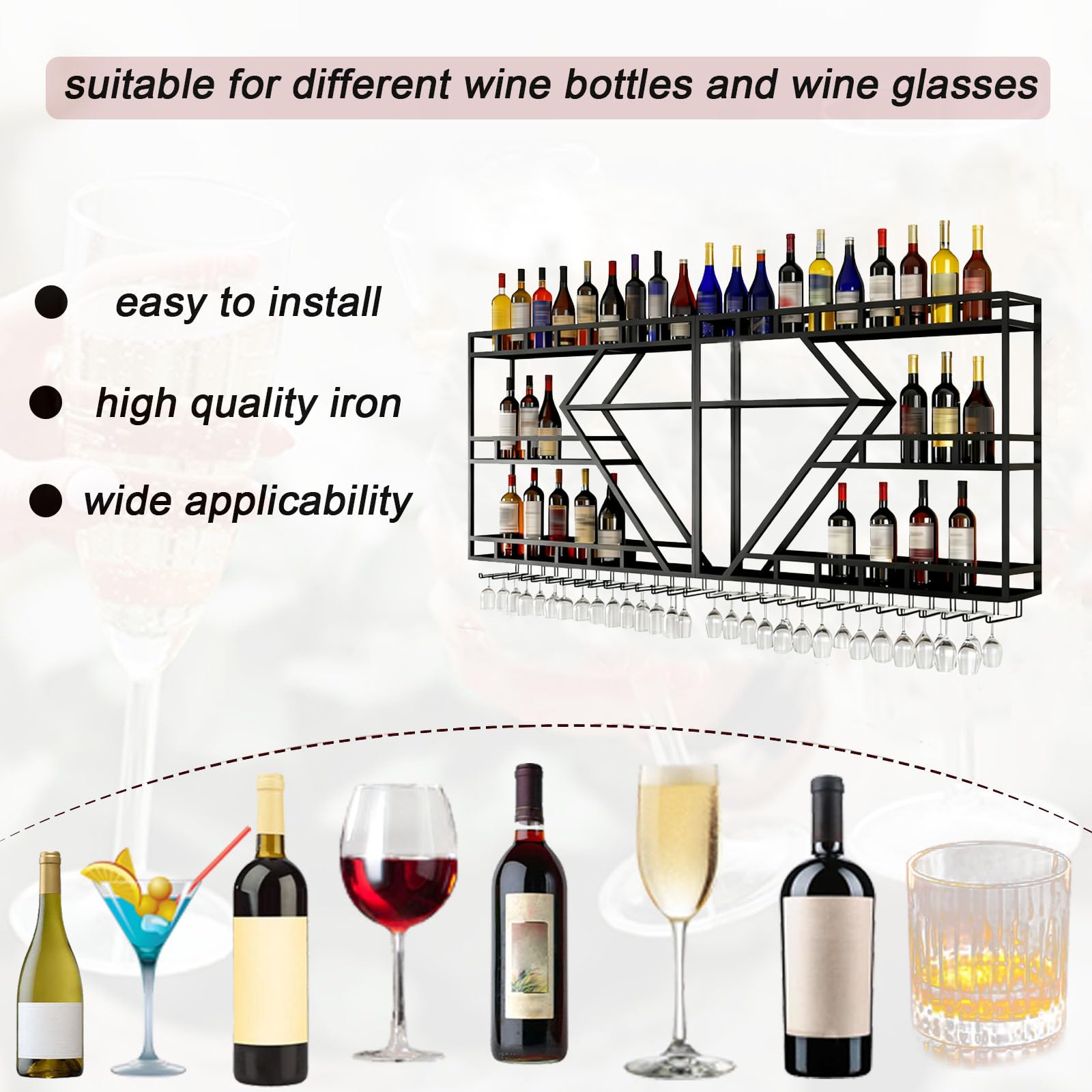 Portabottiglie da Parete, 3 livelli multifunzione Espositore Portabottiglie per Vino con Guardrail, Porta bottiglie di vino da parete con supporto in vetro (nero, 3 Tier,200cm)