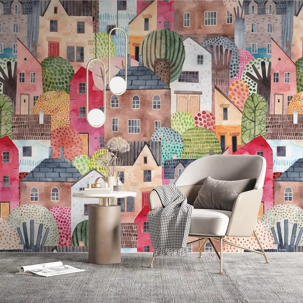 Papier peint mural ville colorée dessin animé pour décorer une chambre d'enfant