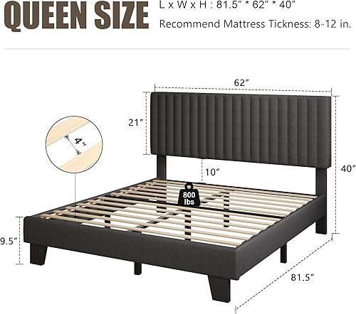 Miniatura 2 de Einhomn Base de cama tamaño Queen con cabecero, base de cama tapizada de lino con listones de madera maciza, sin ruido, no necesita somier, fácil