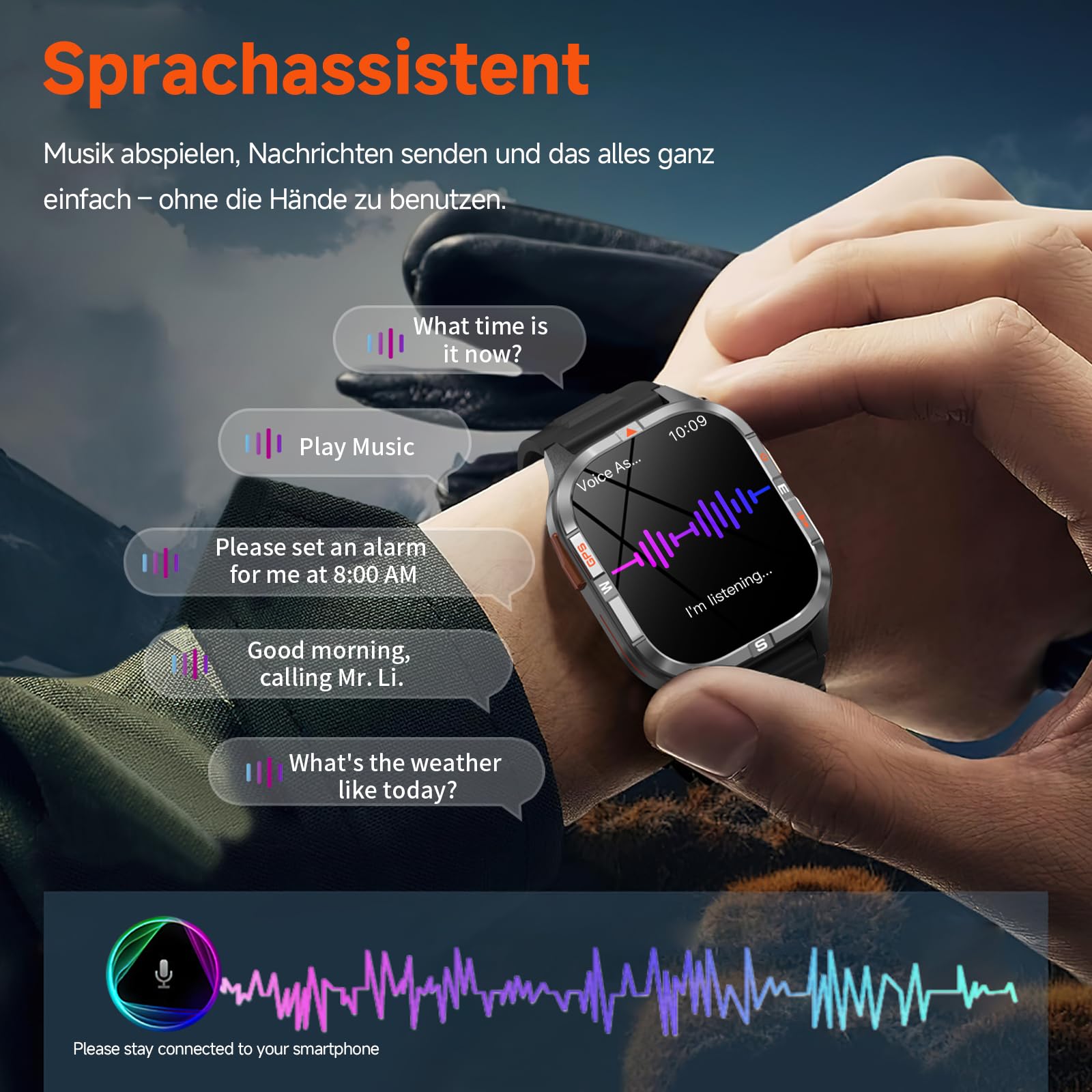 Smartwatch herren Militärische 2,01" HD, mit GPS/Bluetooth-Anruf/Kompass