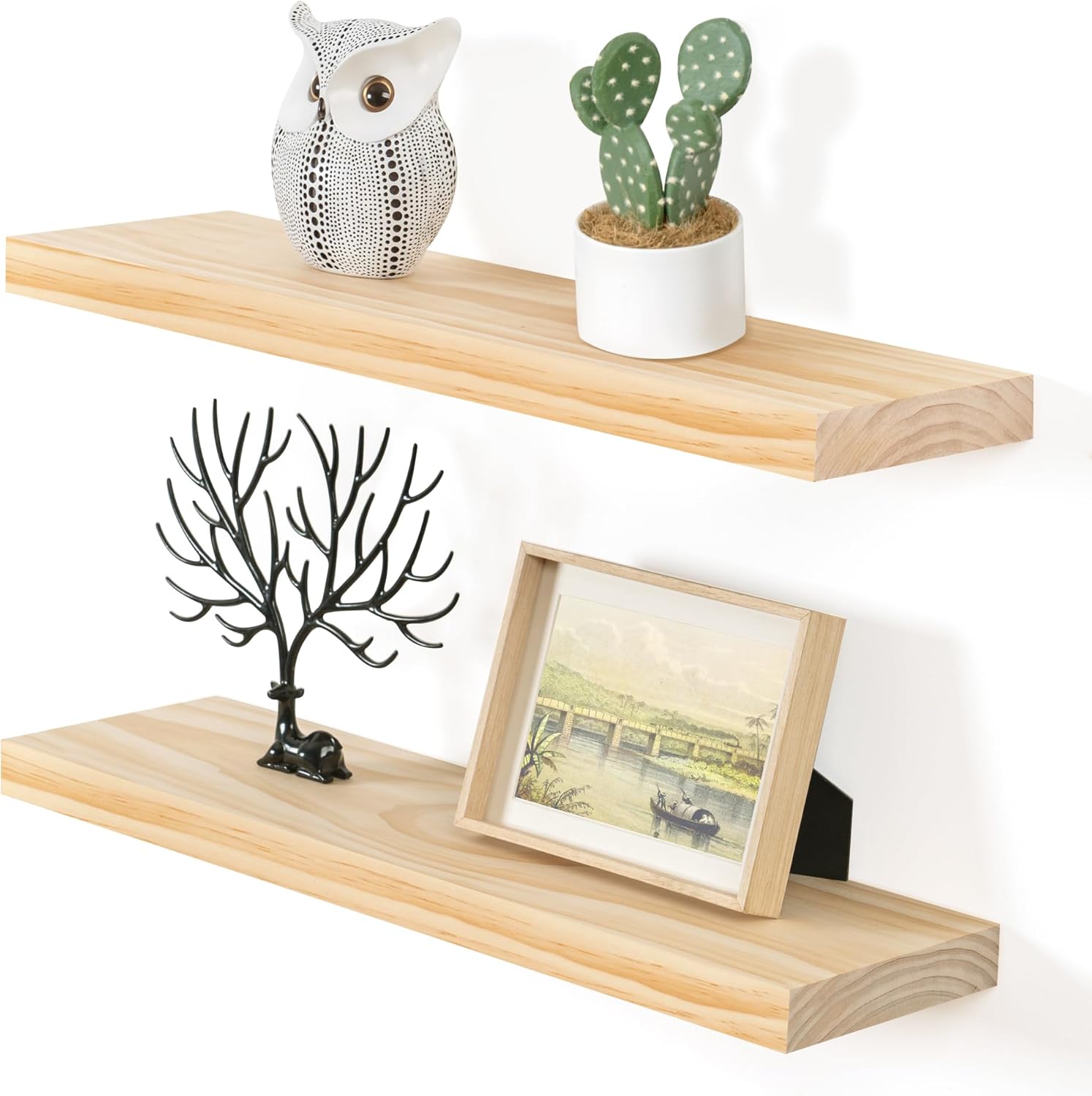Fun Memories Wood Floating Shelves Set of 2, Rustic Pine Wood Floating Shelves for Wall Mounting, Wide Wall Shelves for Home Decor and Storage, 24" W x 6.7" D, Natural Unfinished, DIY Stain Natural Unfinished 24"W x 6.7"D x 1.4"H