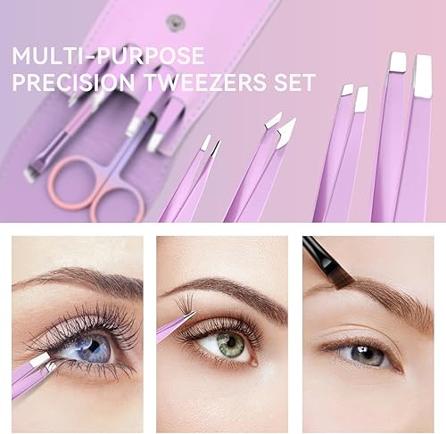 Miniatura 5 de Juego de pinzas, 6 piezas de pinzas para mujer, pinzas de precisión para cejas con tijeras curvas, kit de aseo de cejas para cabello encarnado, con