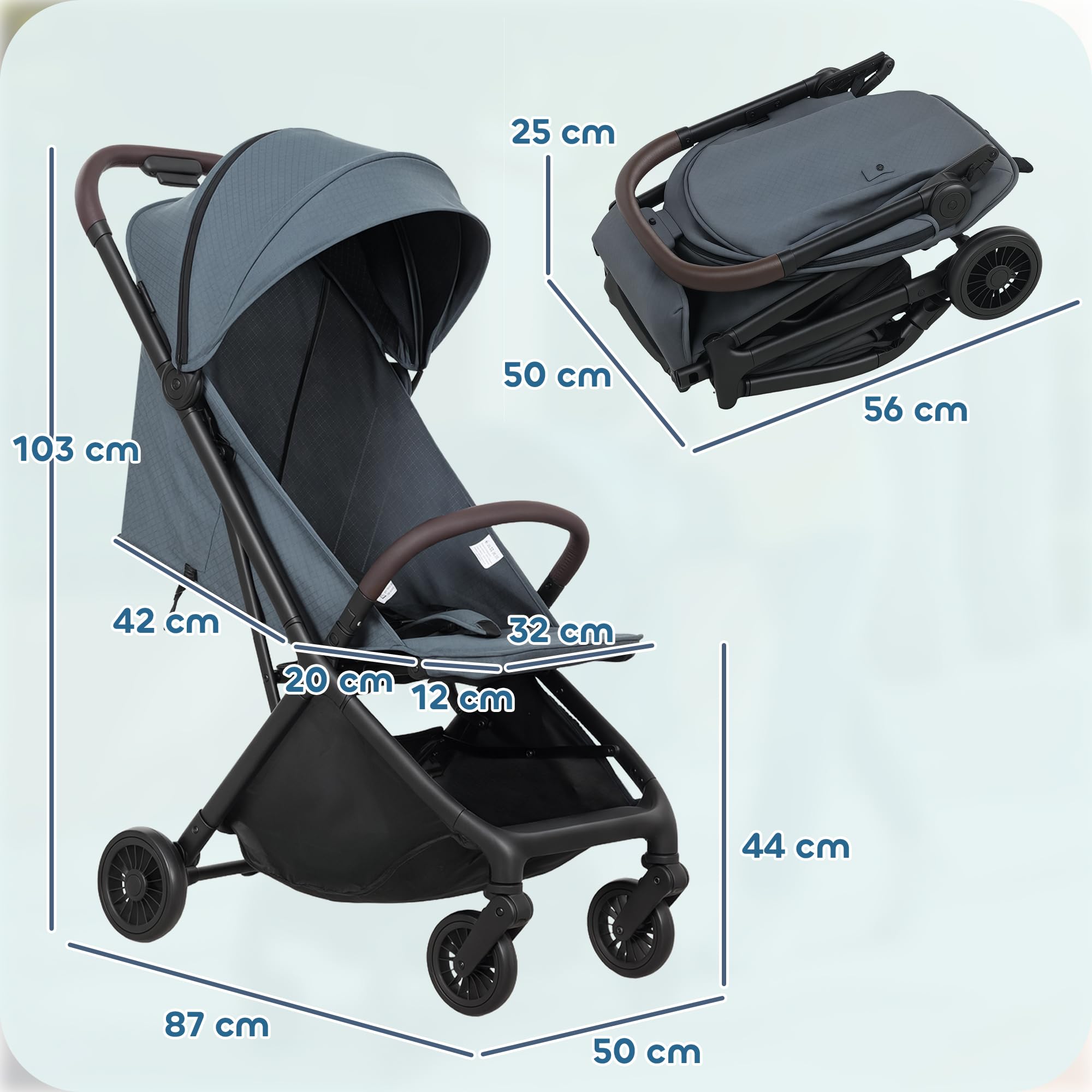 AIYAPLAY Silla de Paseo Ligera con Respaldo Reclinable y Reposapiés Ajustable, Carrito para Bebé Plegable, Capota, Arnés de 5 Puntos, Ruedas con Suspensión, Soporta hasta 15 kg, Azul Oscuro
