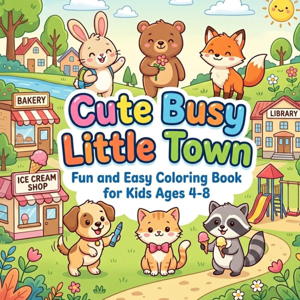 Cute Busy Little Town: Playful Animal Friends Exploring Shops, Parks, and Happy Little Adventures