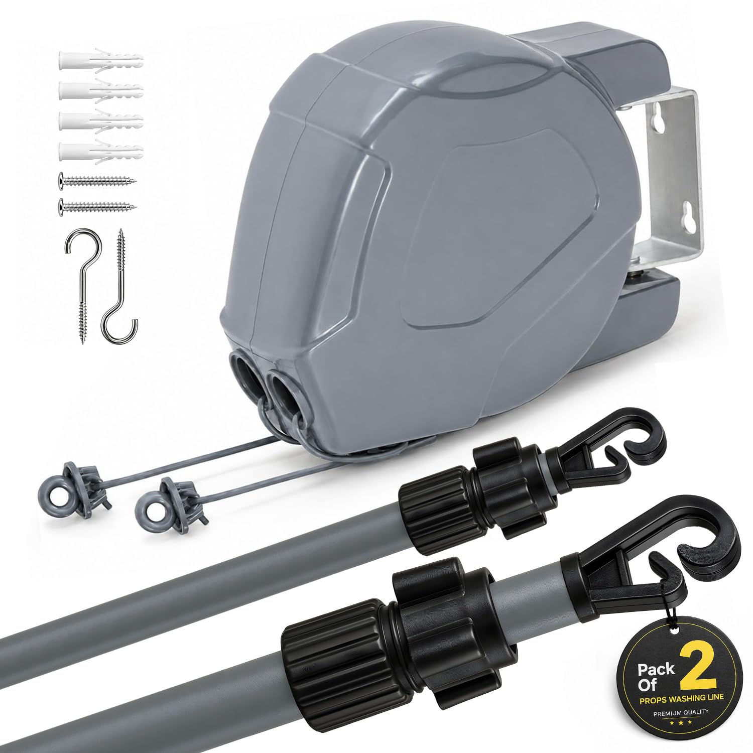 30M (2x15m) Double Retractable Washing Line with 2 Support Props Included