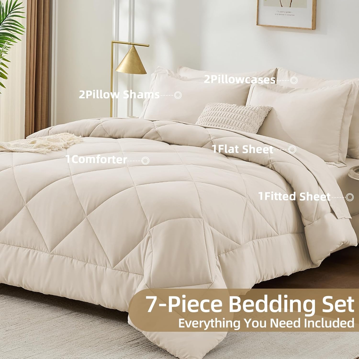FUANNA 7 Pieces Queen Comforter Set, All Season Bed in a Bag Queen Size, Luxury Soft Bedding Sets with Comforter, Flat Sheet, Fitted Sheet, Pillowcases & Pillow Shams, Beige - Image 6