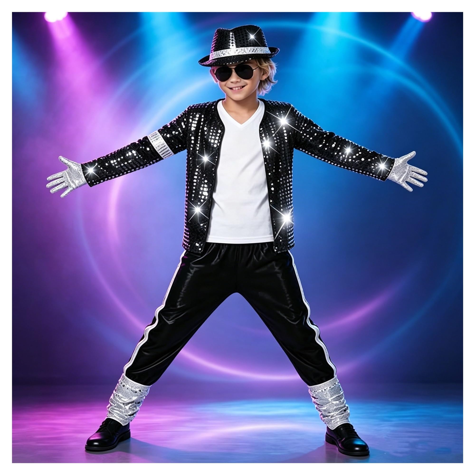 Disfraz de superestrella pop for niños, conjunto de 7 piezas, chaqueta de lentejuelas negras, pantalones, sombrero, guantes, disfraz retro de Halloween de los años 80 y 90