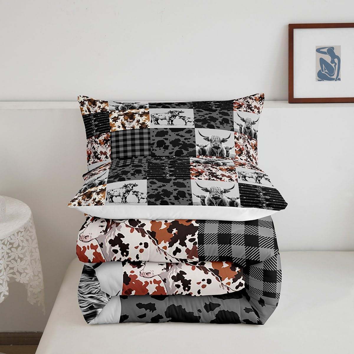 Erosebridal Highland Cow Comforter Set Queen Size Bull Cattle Bedding Set Western Cowboy Room Decor for Men Women Kids,Milk Cow Print Country Comforter Set Rustic Farm Animal Quilt Bed Set 3Pcs