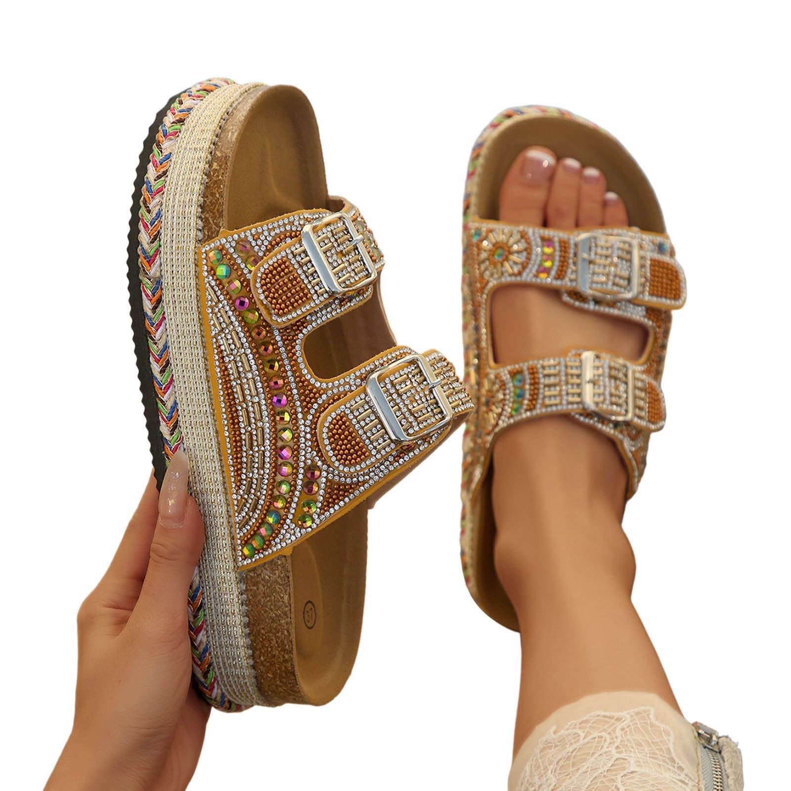 2027 Mules - Zuecos Brillantes para Mujer, Sandalias Coloridas con Plataforma de Diamantes de imitación, Zapatos de Playa cómodos