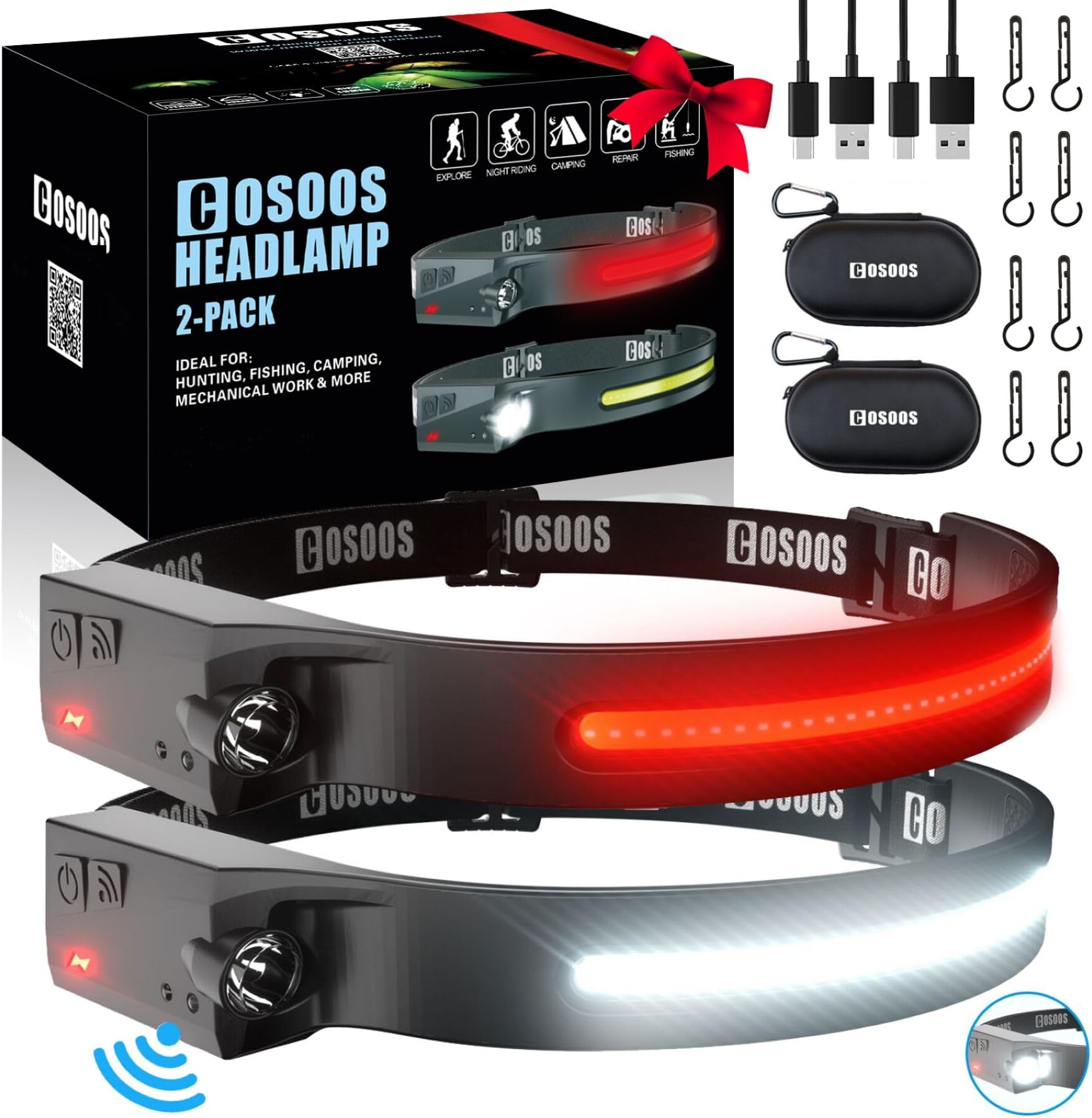 Original 2 Rechargeable Headlamp Flashlight w/Red Light & Carry Case,1000 Lumen Bright LED Head Lamp Wide Beam, Motion Sensor, 2.4 oz Lightweight Headlight for Hiking & Camping Gear