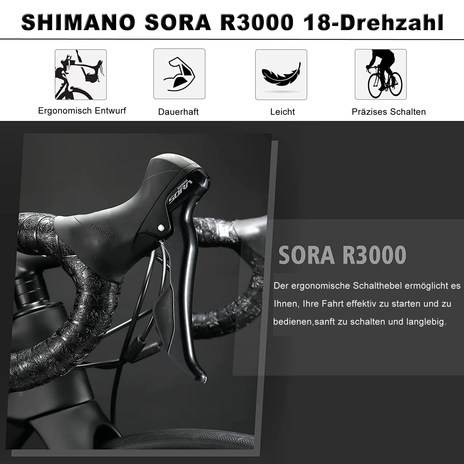 KABON Rennrad Carbon,Carbon Rahmen Gabel und Sattelstütze mit Shimano SORA 18 Gänge, Scheibenbremse Carbon rennrad Herren Damen Jungen Urban Commuter