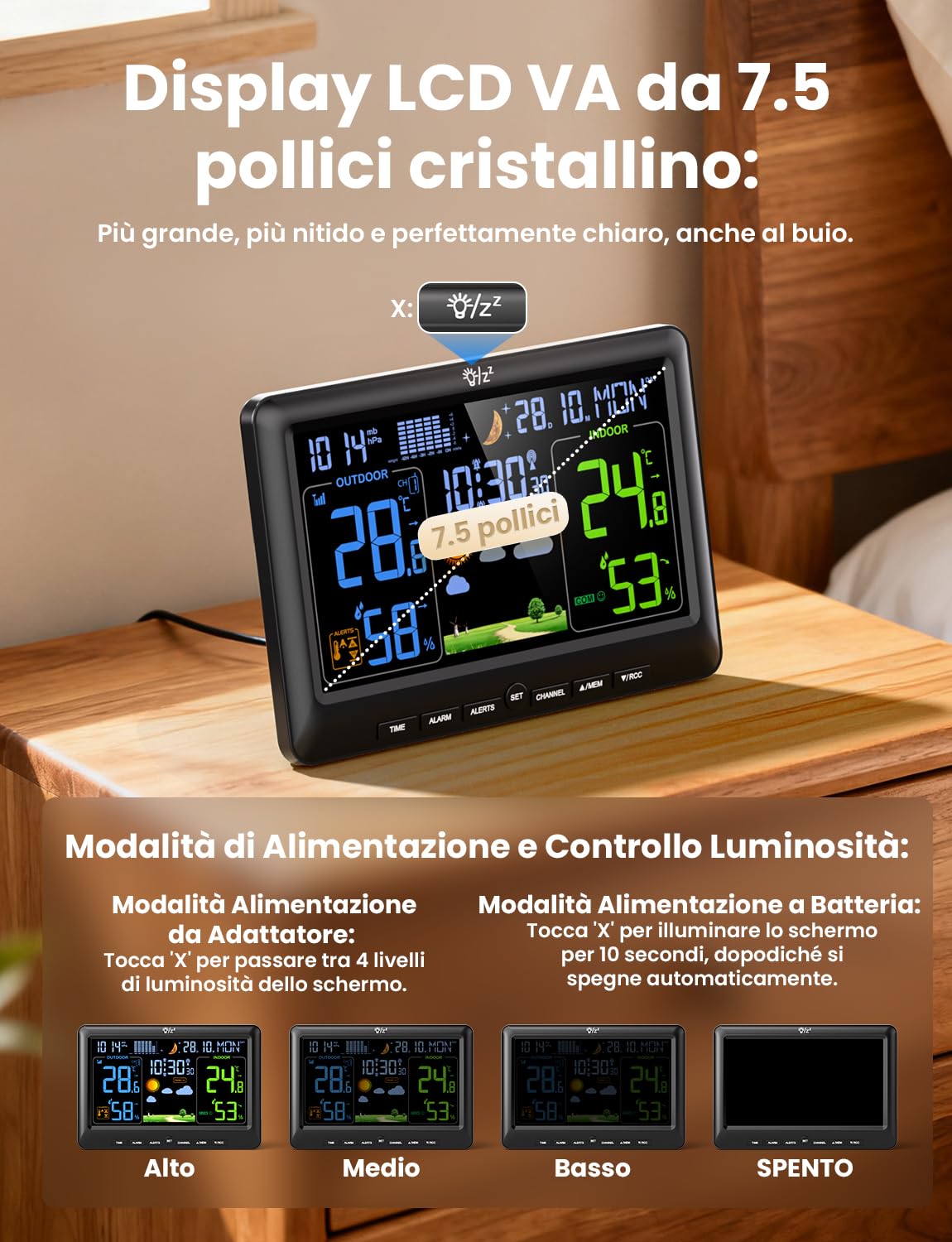 LIORQUE Stazione Meteo con Sensore Esterno Display a Colori Fase Lunare Previsioni Meteo Data Retroilluminazione Regolabile Igrometro Barometrico Sveglia