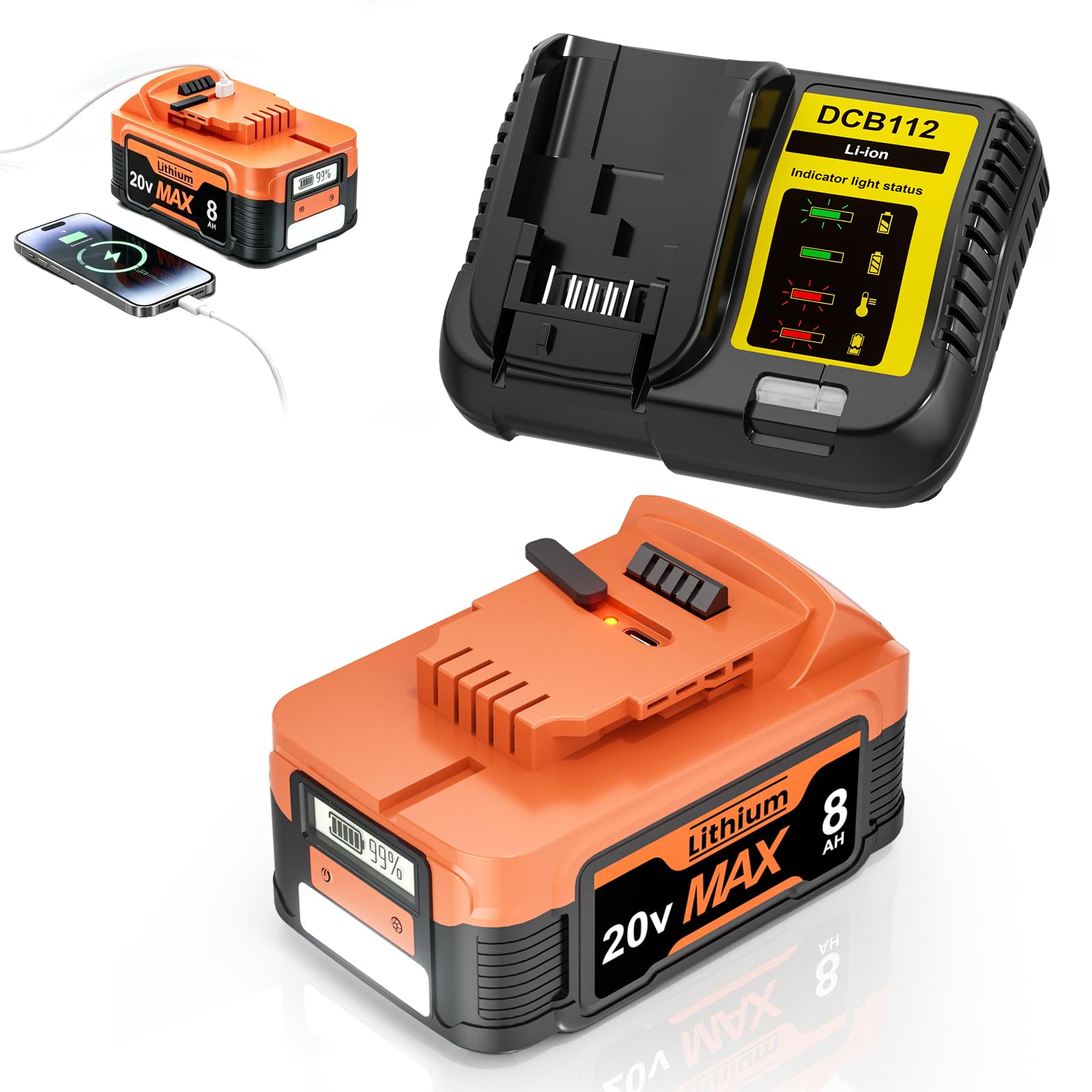 8.0Ah Replacement for Dewalt 20V Battery and Charger with LCD,USB Tyce-C | PD In/Out 65W…