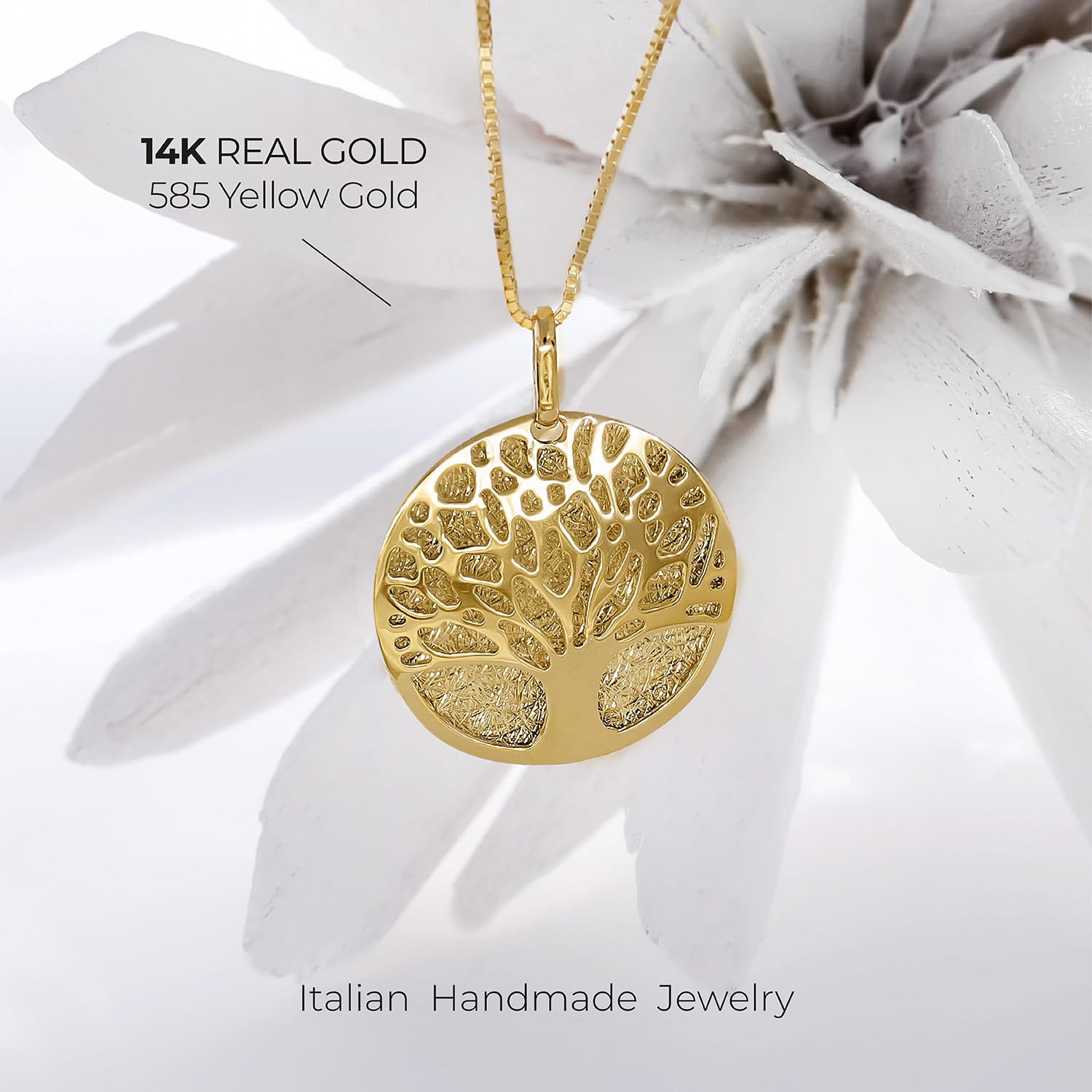 forme di Lucchetta -Baum des Lebens Anhänger Halskette 14 Karat GelbGold, Goldkette 585 Damen Echtgold Schmuck, Kette 45cm einstellbar 42cm