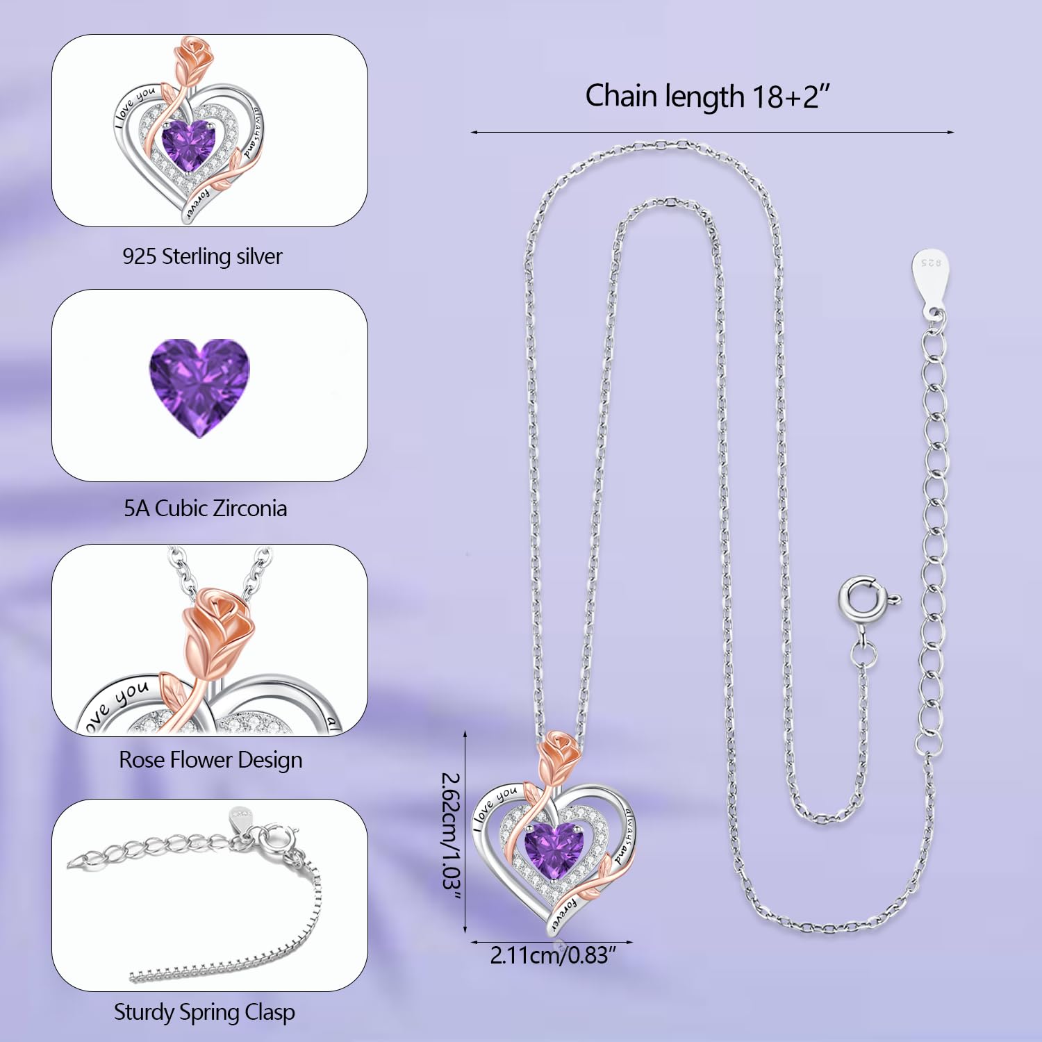 LAVUMO Collana Donna Argento 925 Ciondolo Doppio Cuore Fiore Rosa, Gioielli Donna Pietre Portafortuna, Regalo Donne Compleanno San Valentino Festa Della Mamma Regali