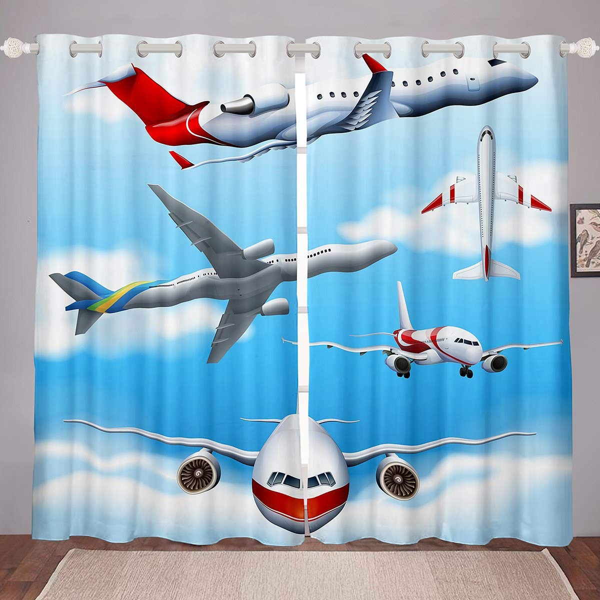 Aircraft Windows Drapes Set Cartoon Aircraft Curtains for Bedroom Living Room for Kids Boys Girls Airplane Print Curtains Aircraft Flying Room Decoration,W46*L54