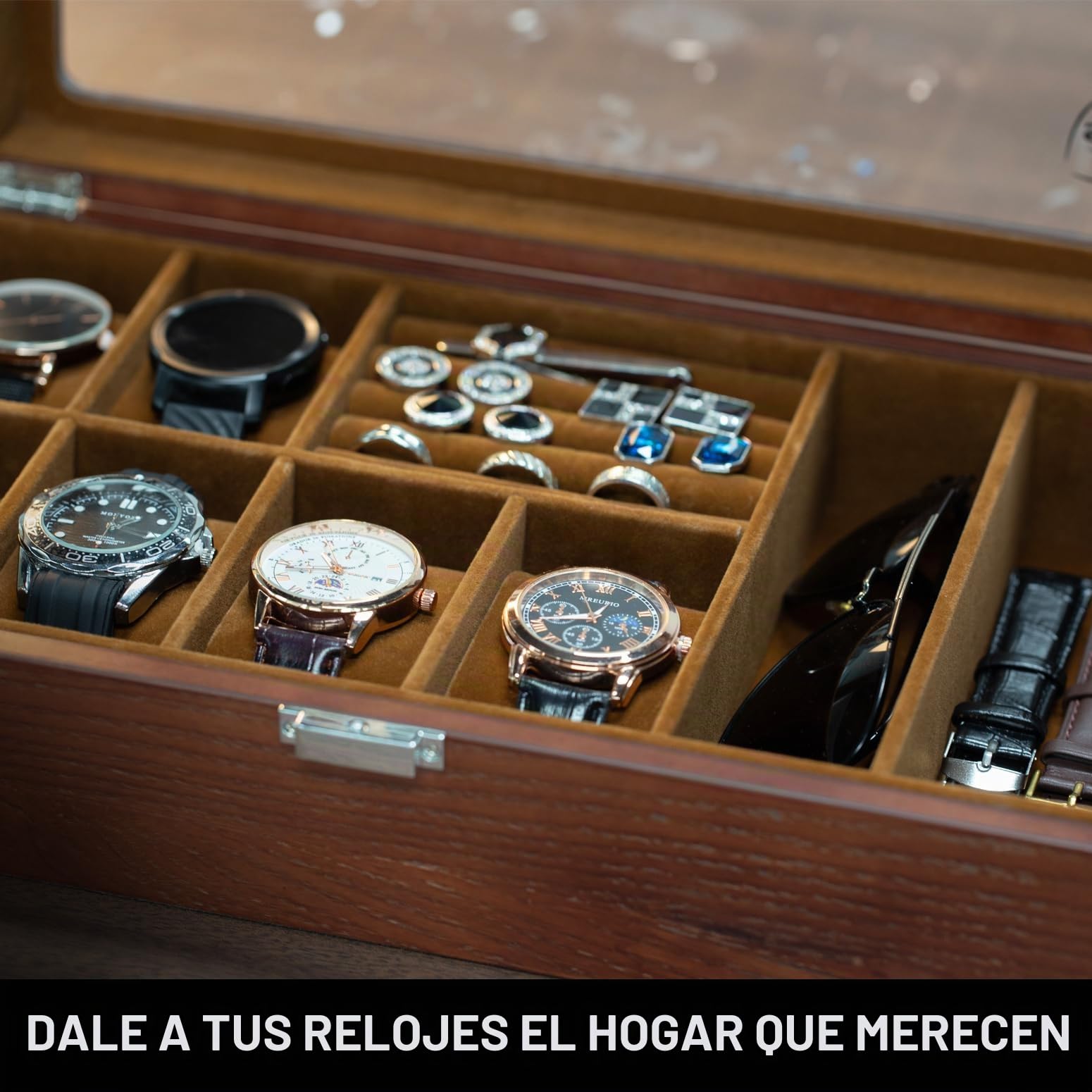 Slege Caja Relojes de Madera,con 6 Compartimentos,Joyero Organizador de Relojes,Caja de Reloj y Gafas de Sol,Expositor Gafas,Cubierta de Vidrio,para Anillo,Pendientes,Gemelos,Regalos Hombre y Mujer