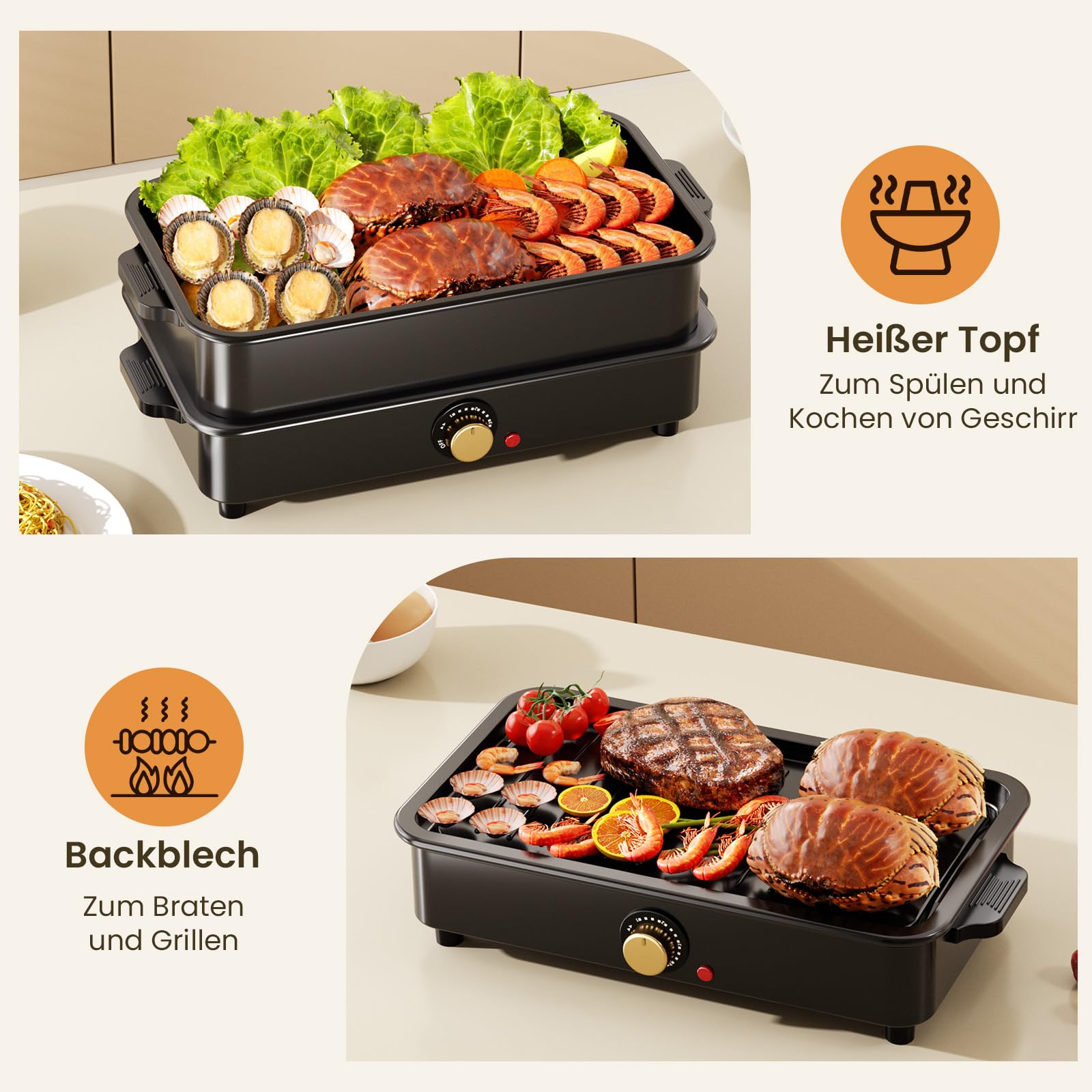Abilità elettrica per barbecue e hotpot con borsa per il trasporto, 1400 W, padella multifunzione 2 in 1, fornello lento, grande capacità antiaderente con coperchio, fornello regolabile (nero)