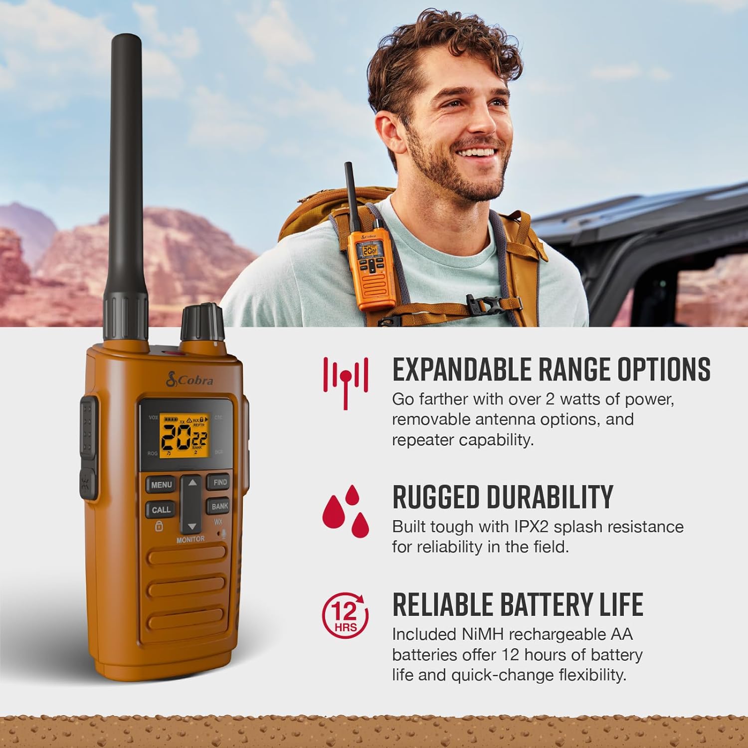 Cobra TrailBlazer 250 GMRS Radio (2-Pack) – AA Battery Powered with USB-C Charging, Compact 2.5W Long Range Walkie Talkies, NOAA, Programmable Software, Removable Antenna, Repeater Capable