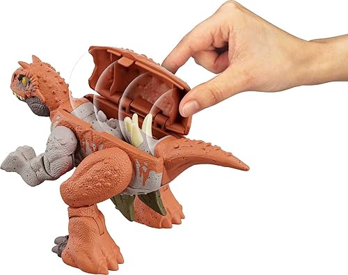 Miniatura 5 de Mattel Jurassic World - Juguete transformador de dinosaurio de estegosaurio a carnotaurio, juguete 2 en 1 de doble peligro de 11 pasos, cambiadores