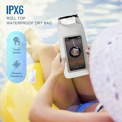 Miniatura 5 de Bolsa seca impermeable, mochila enrollable impermeable para viajes, kayak, rafting, camping, surf, barco, senderismo, playa y pesca (2 L, blanco y