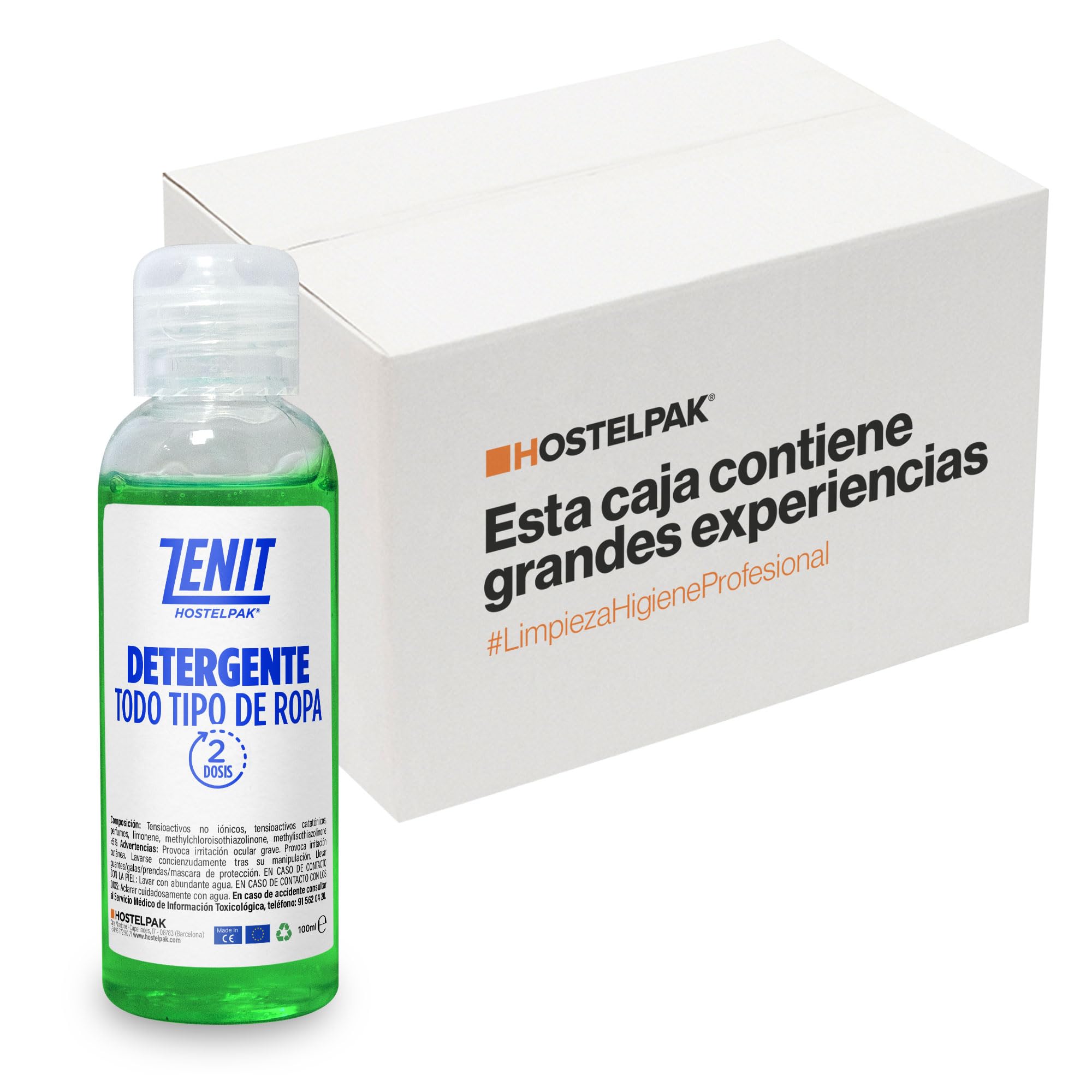 Hostelpak | Detergente todo tipo de ropa | 120 x 100ml | Amenities bienvenida | Limpieza profesional para establecimientos turísticos