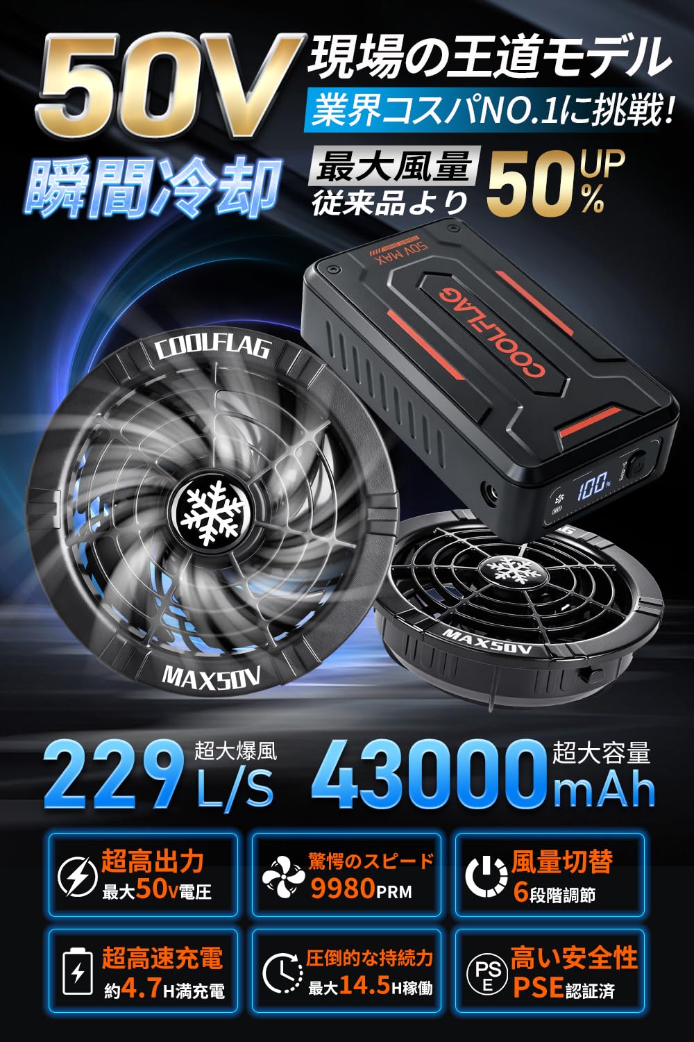 Amazon.co.jp: 【2026業界トップ 50V爆風 43000mAh】空調作業服 ファン